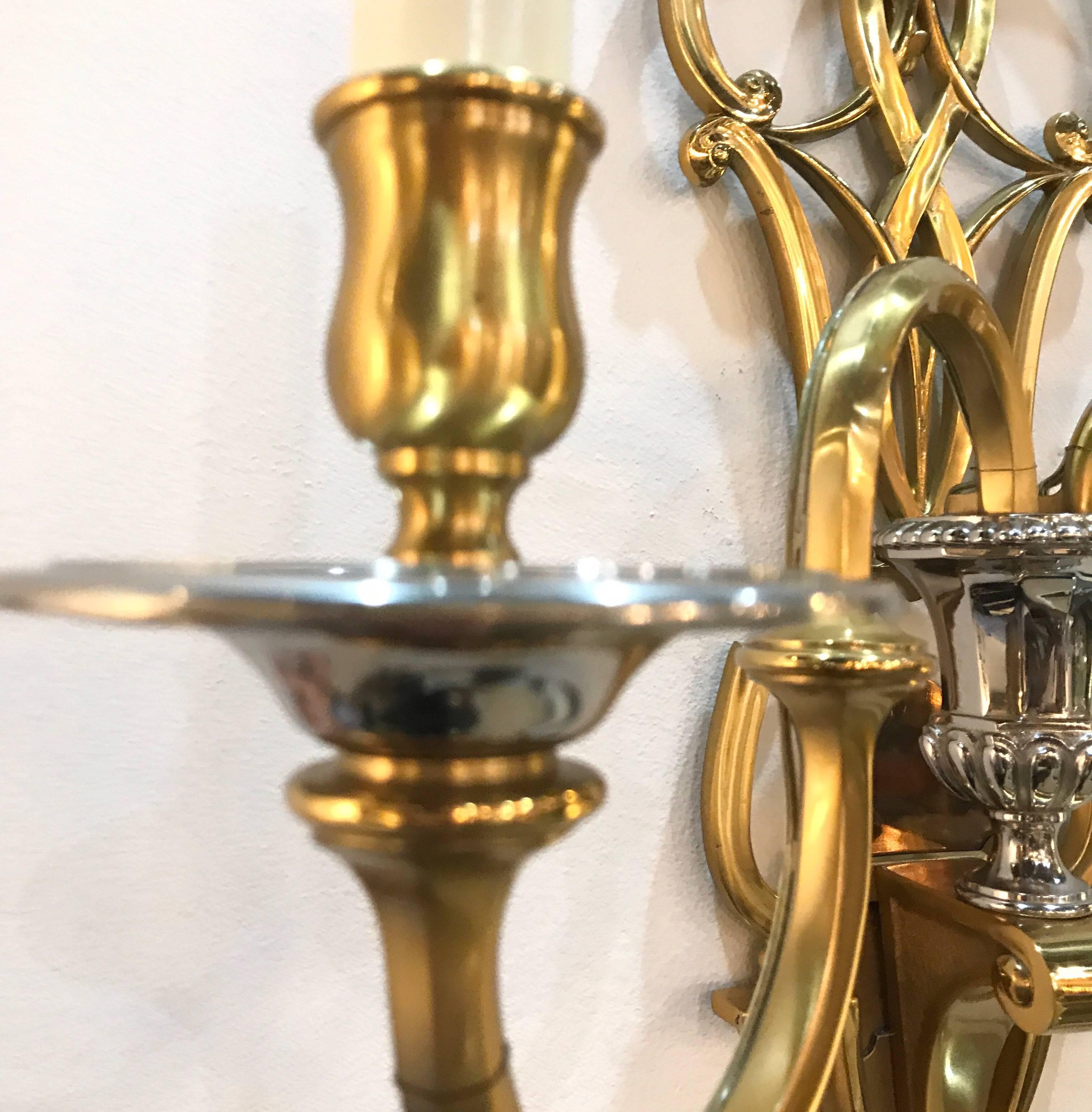 20th Century Fabulous Pair of Brass and Nickel 2 light Wall Sconces