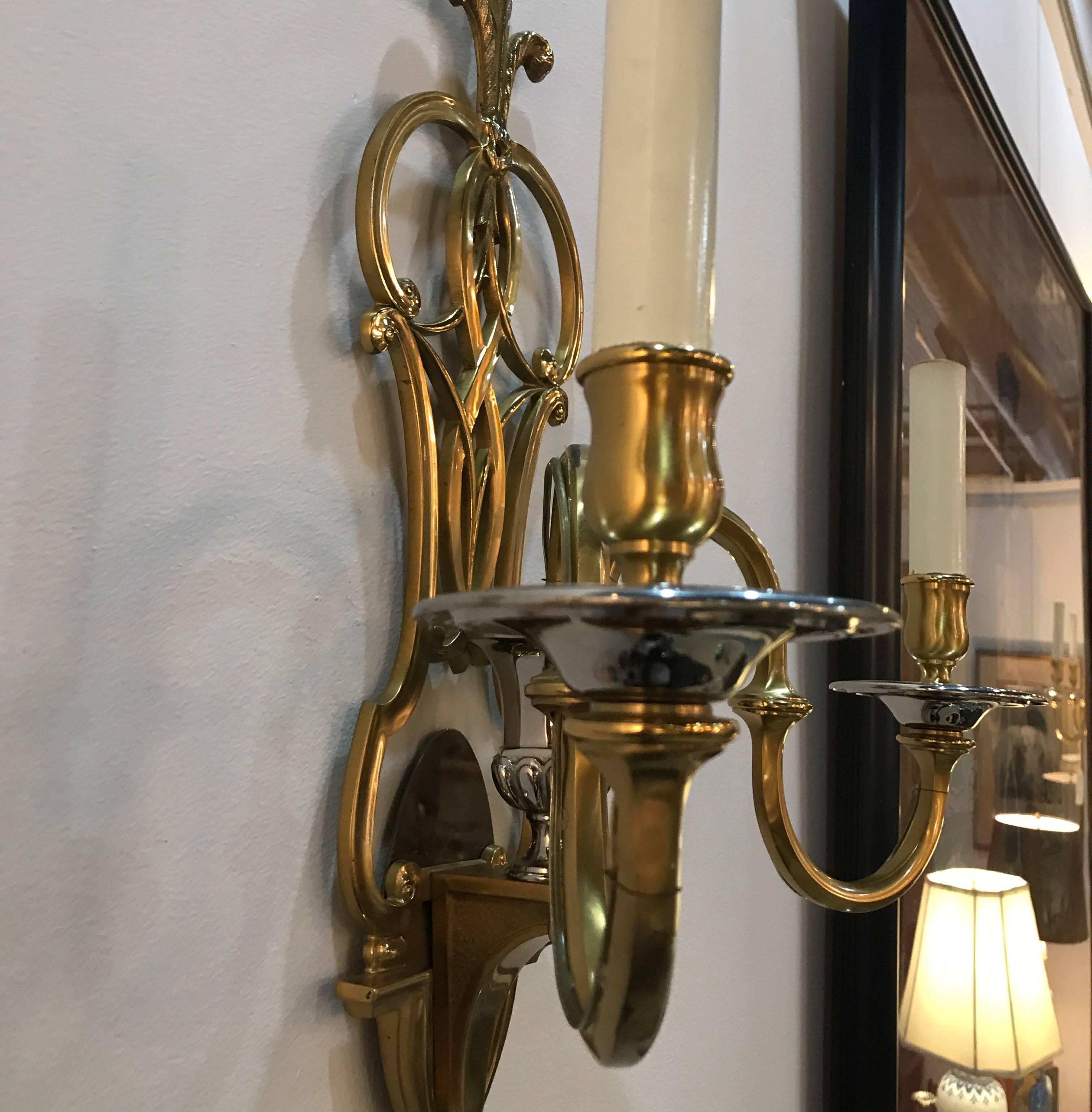 Fabulous Pair of Brass and Nickel 2 light Wall Sconces 1