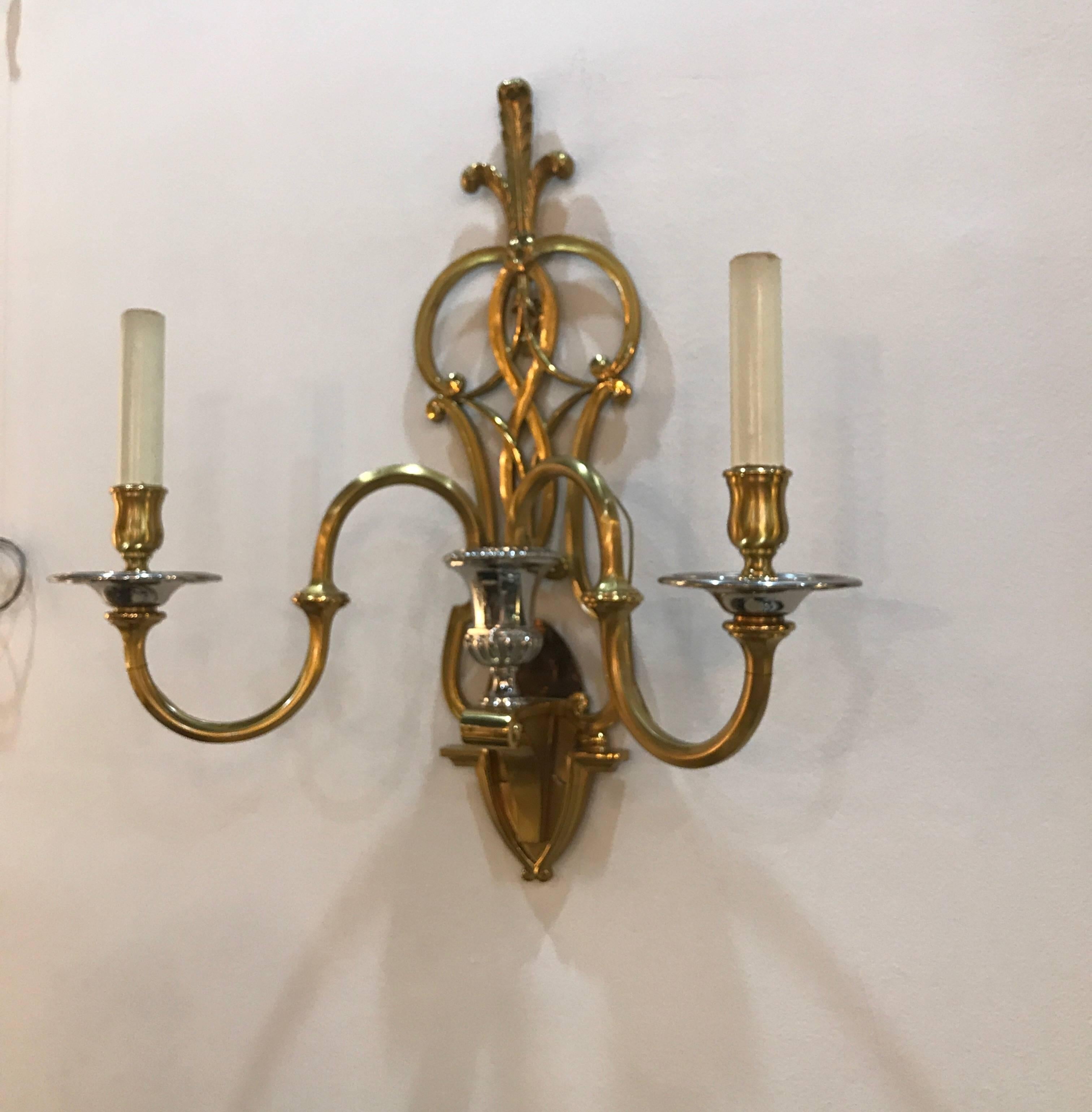 Fabulous Pair of Brass and Nickel 2 light Wall Sconces 2