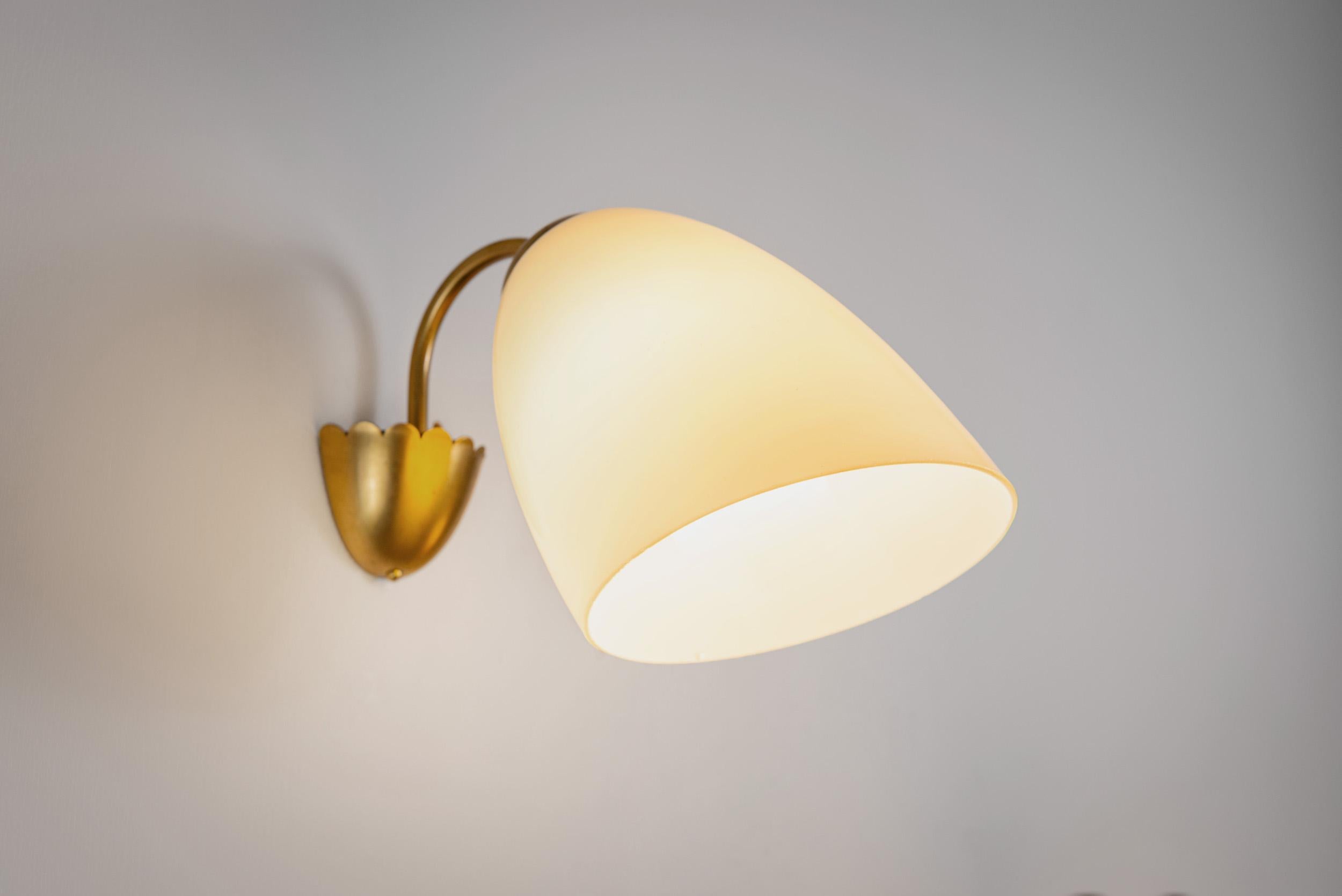 A Pair of Brass and Opal Glass Wall Lamps, Finland ca 1960s 4