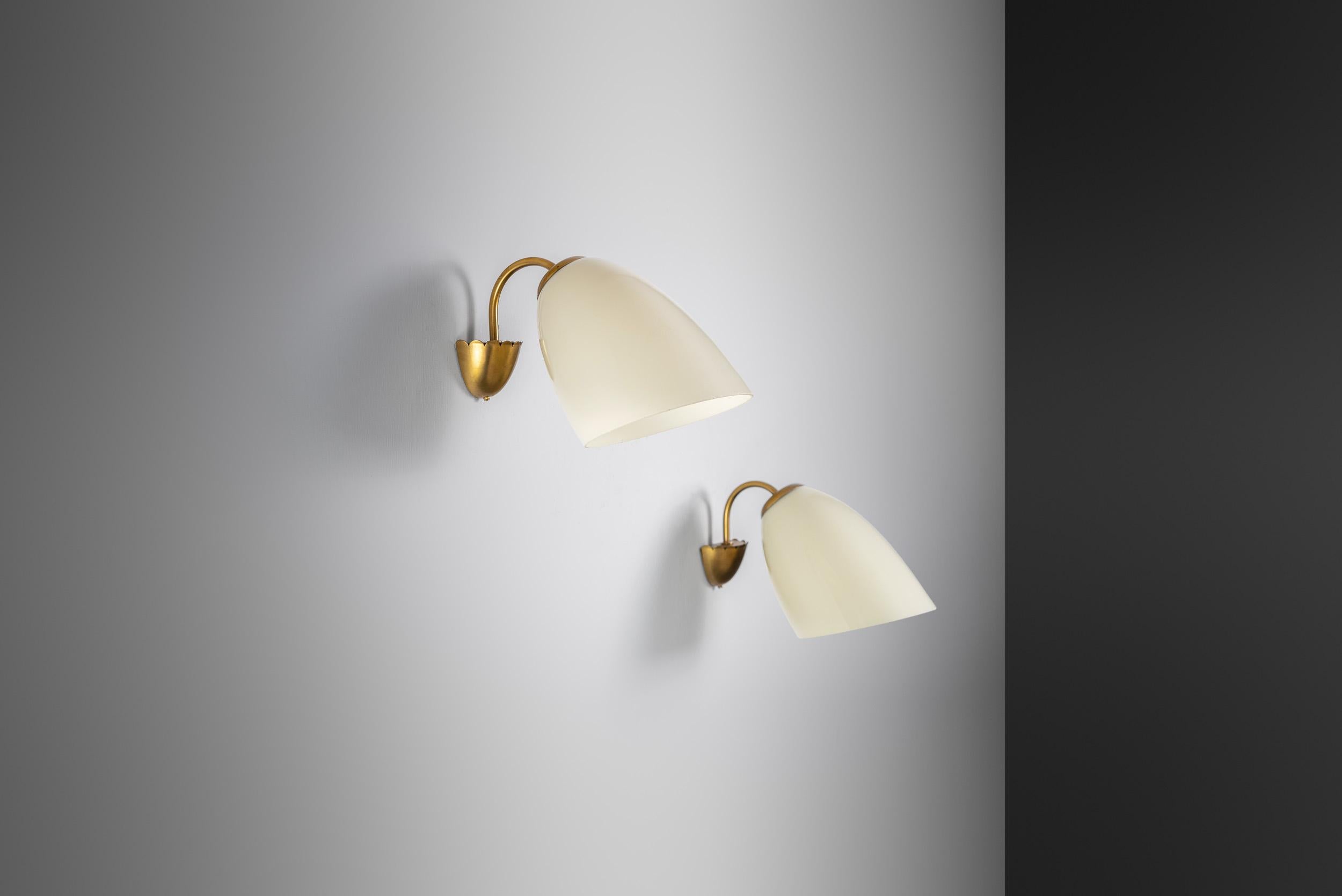 Finnish A Pair of Brass and Opal Glass Wall Lamps, Finland ca 1960s