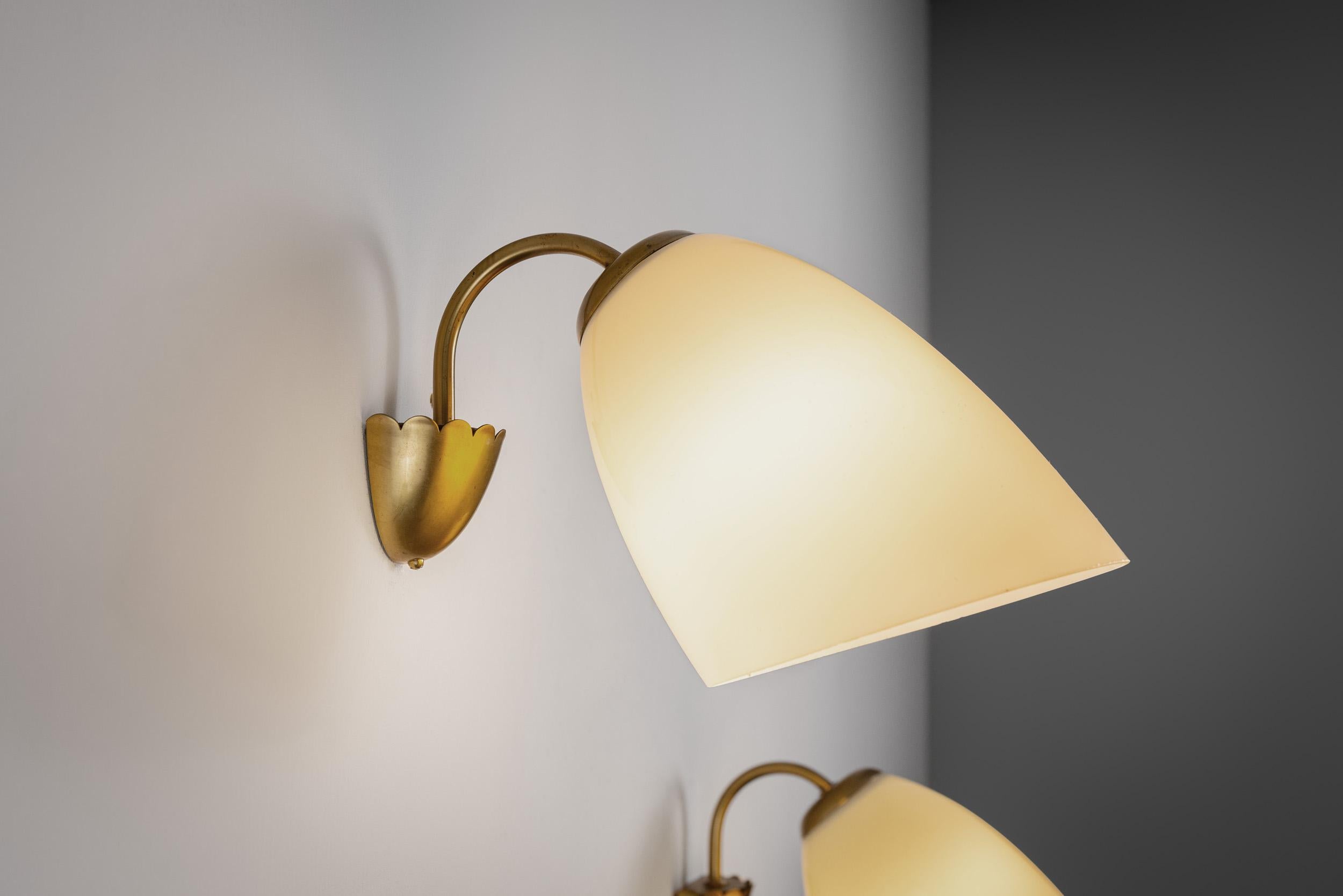 Mid-20th Century A Pair of Brass and Opal Glass Wall Lamps, Finland ca 1960s