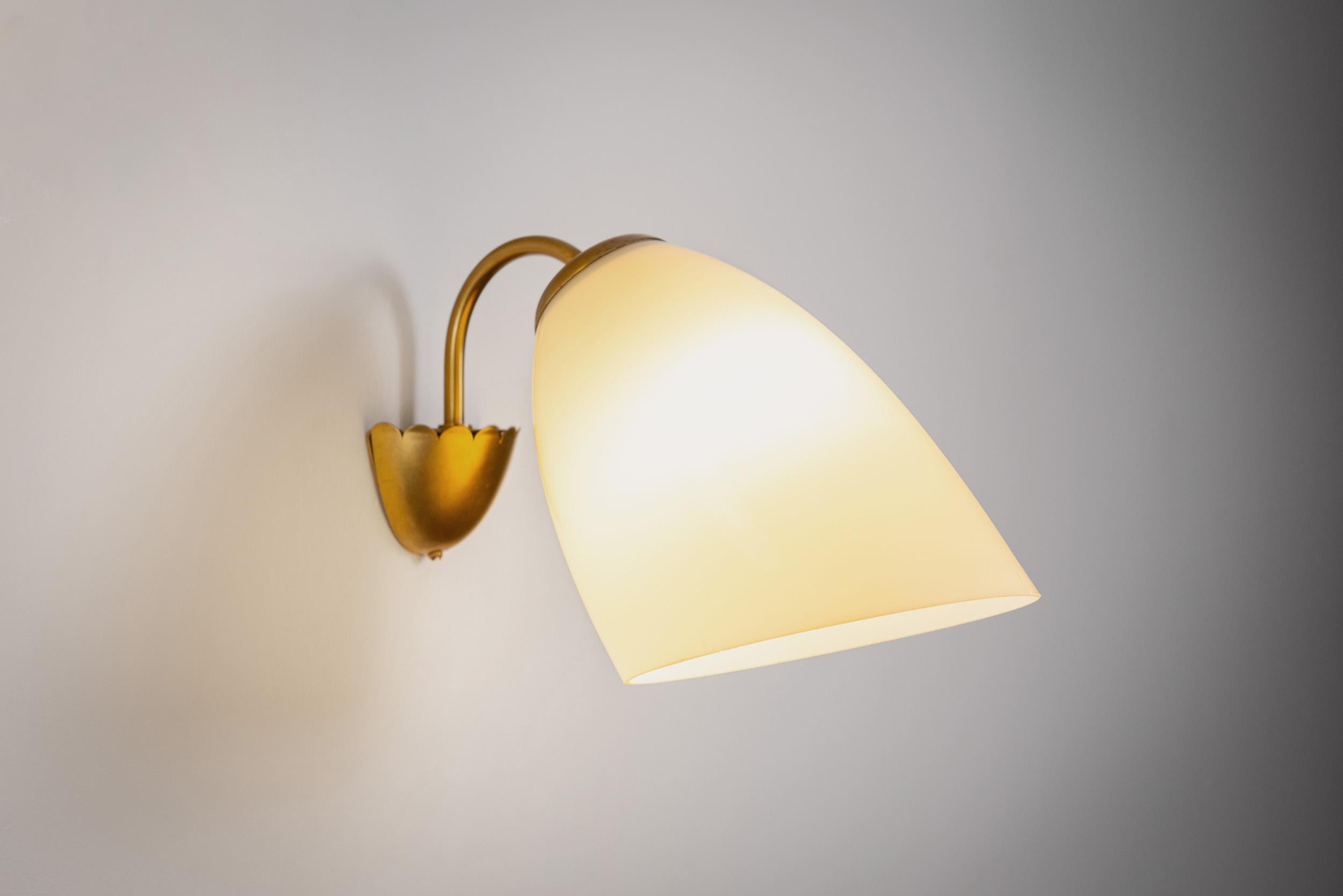 A Pair of Brass and Opal Glass Wall Lamps, Finland ca 1960s 3