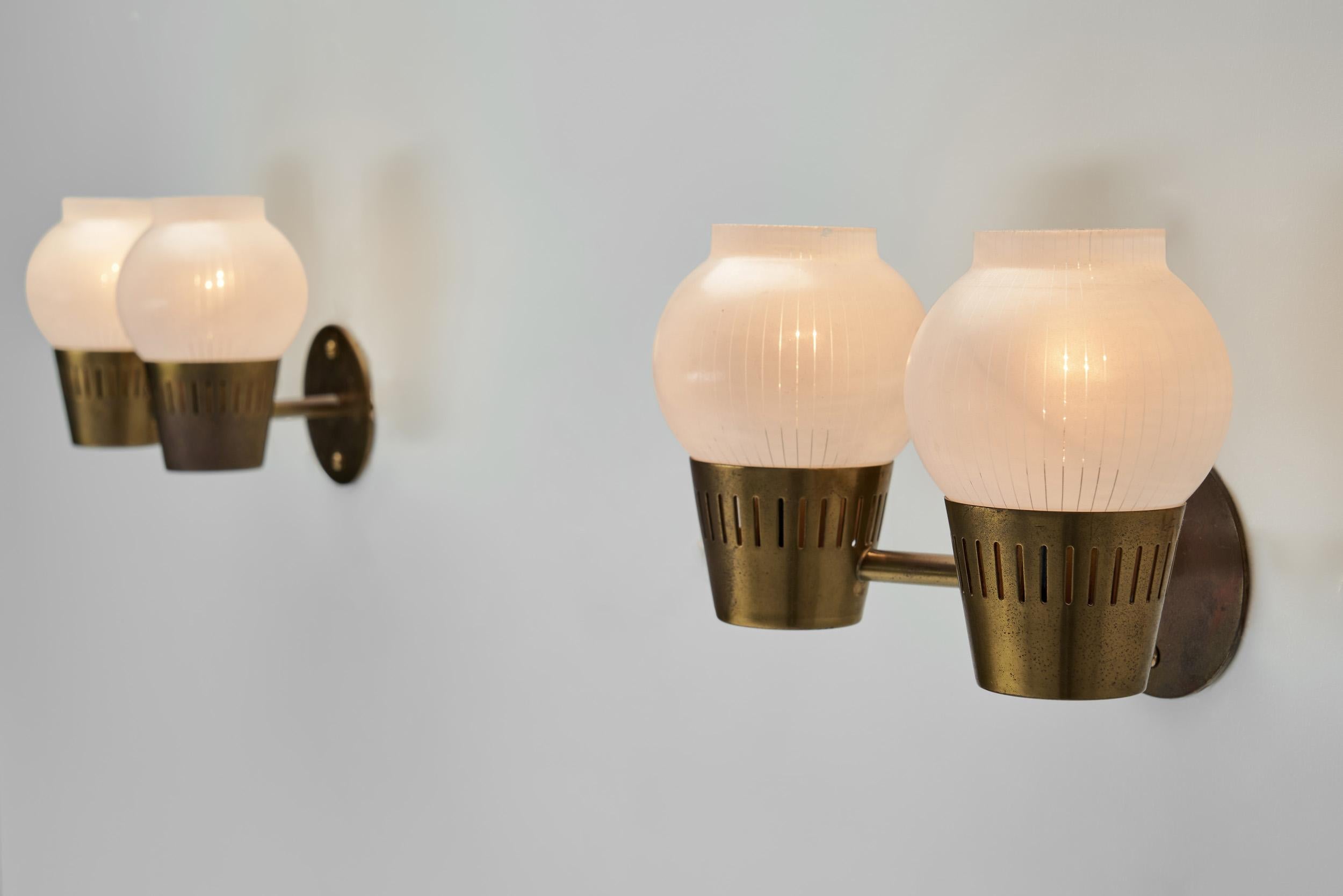 A Pair of Brass and Opal Glass Wall Lamps, Scandinavia ca 1960s 7
