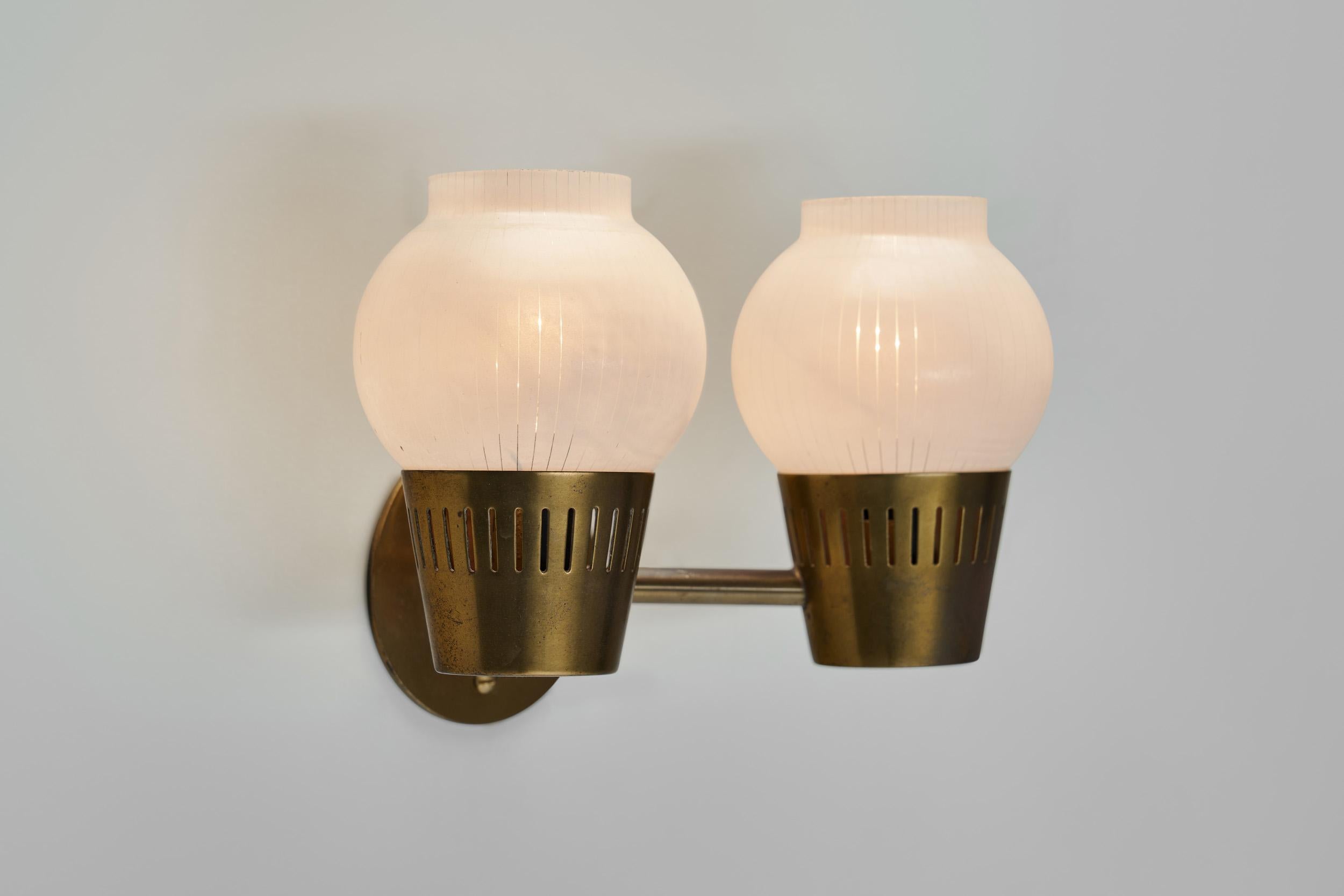 A Pair of Brass and Opal Glass Wall Lamps, Scandinavia ca 1960s 8
