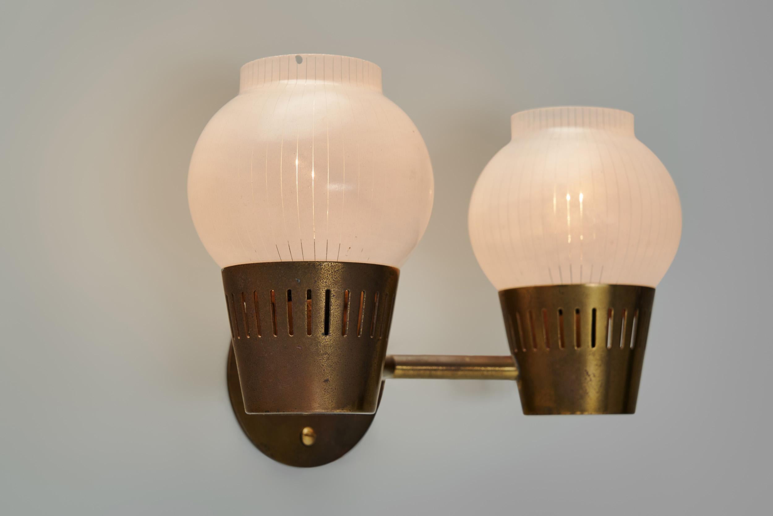 A Pair of Brass and Opal Glass Wall Lamps, Scandinavia ca 1960s 9