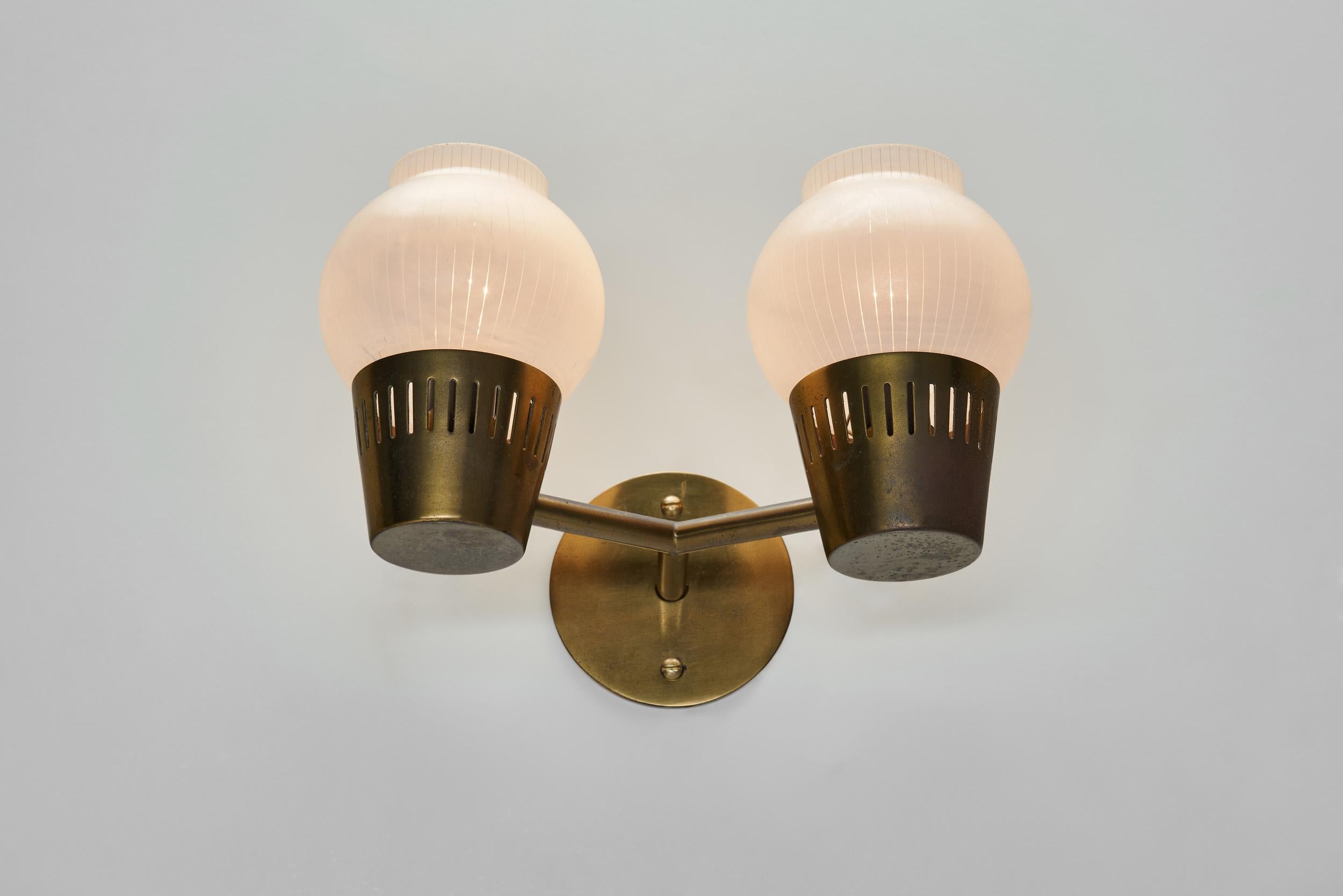 A Pair of Brass and Opal Glass Wall Lamps, Scandinavia ca 1960s 11