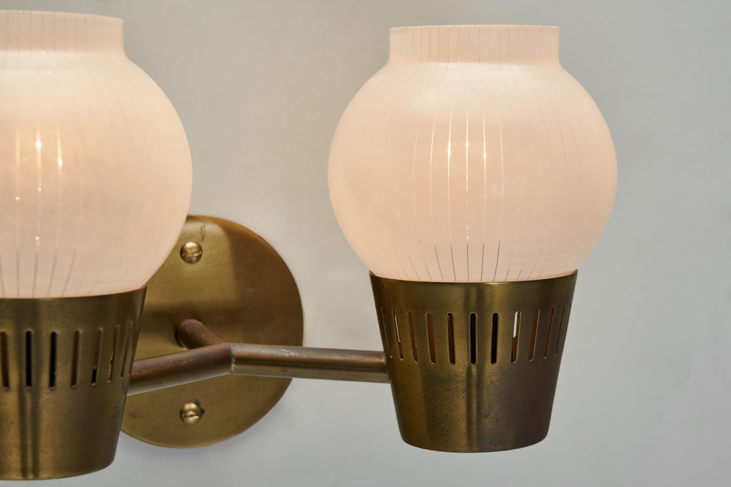A Pair of Brass and Opal Glass Wall Lamps, Scandinavia ca 1960s 12