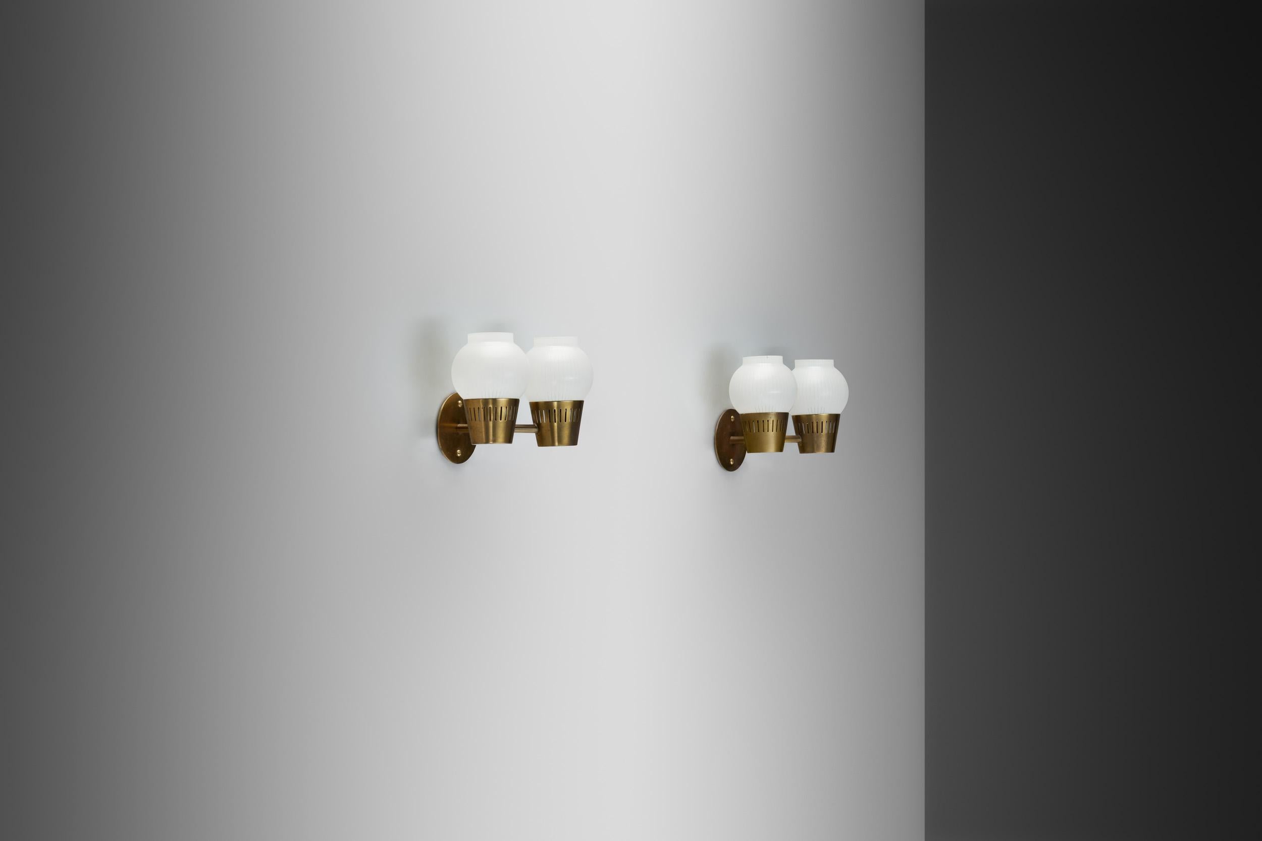 Scandinavian Modern A Pair of Brass and Opal Glass Wall Lamps, Scandinavia ca 1960s