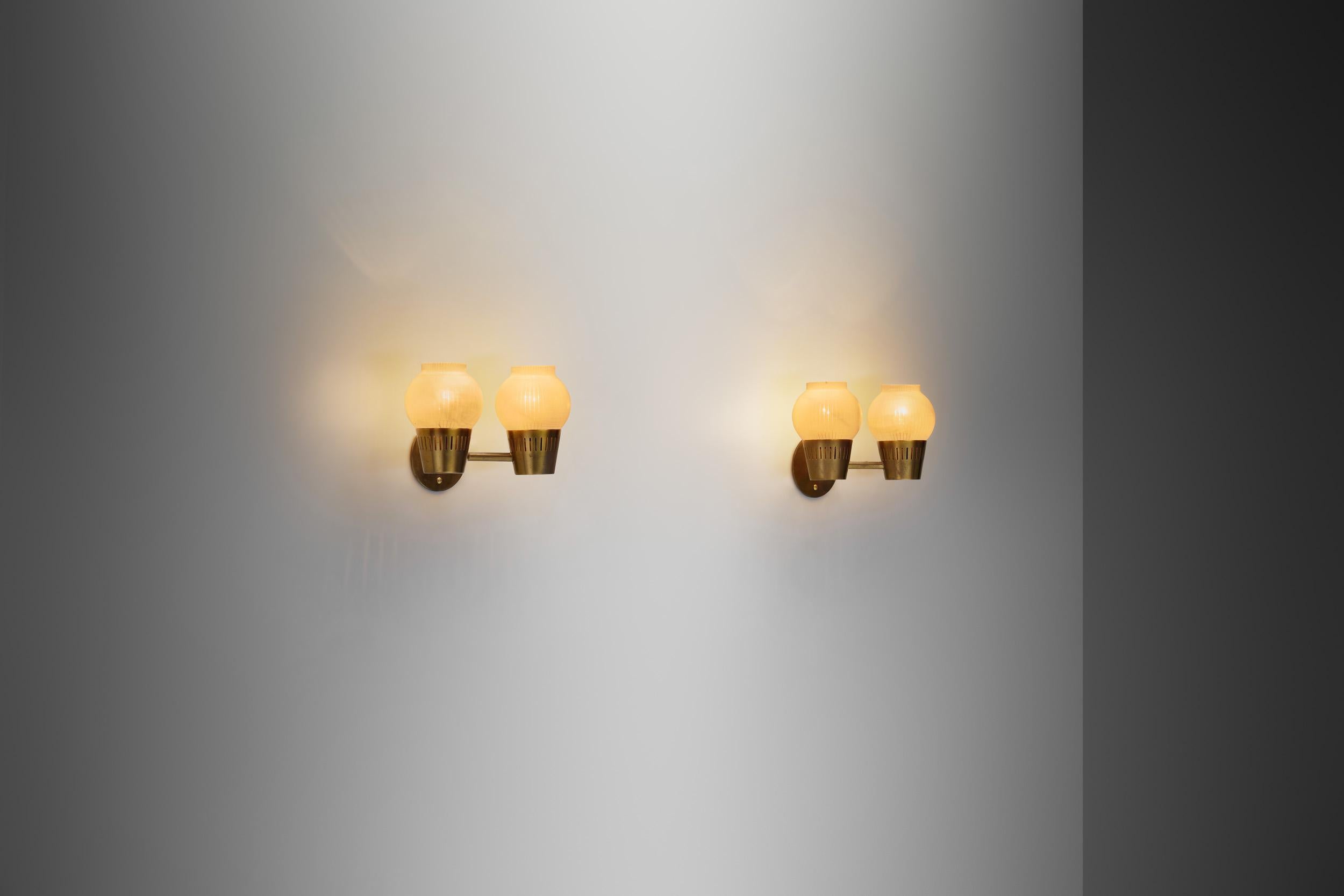 Scandinavian A Pair of Brass and Opal Glass Wall Lamps, Scandinavia ca 1960s