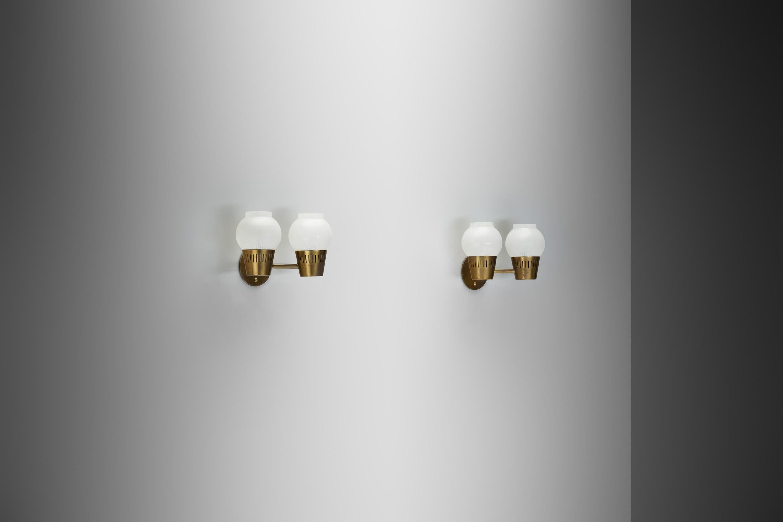 A Pair of Brass and Opal Glass Wall Lamps, Scandinavia ca 1960s In Good Condition In Utrecht, NL