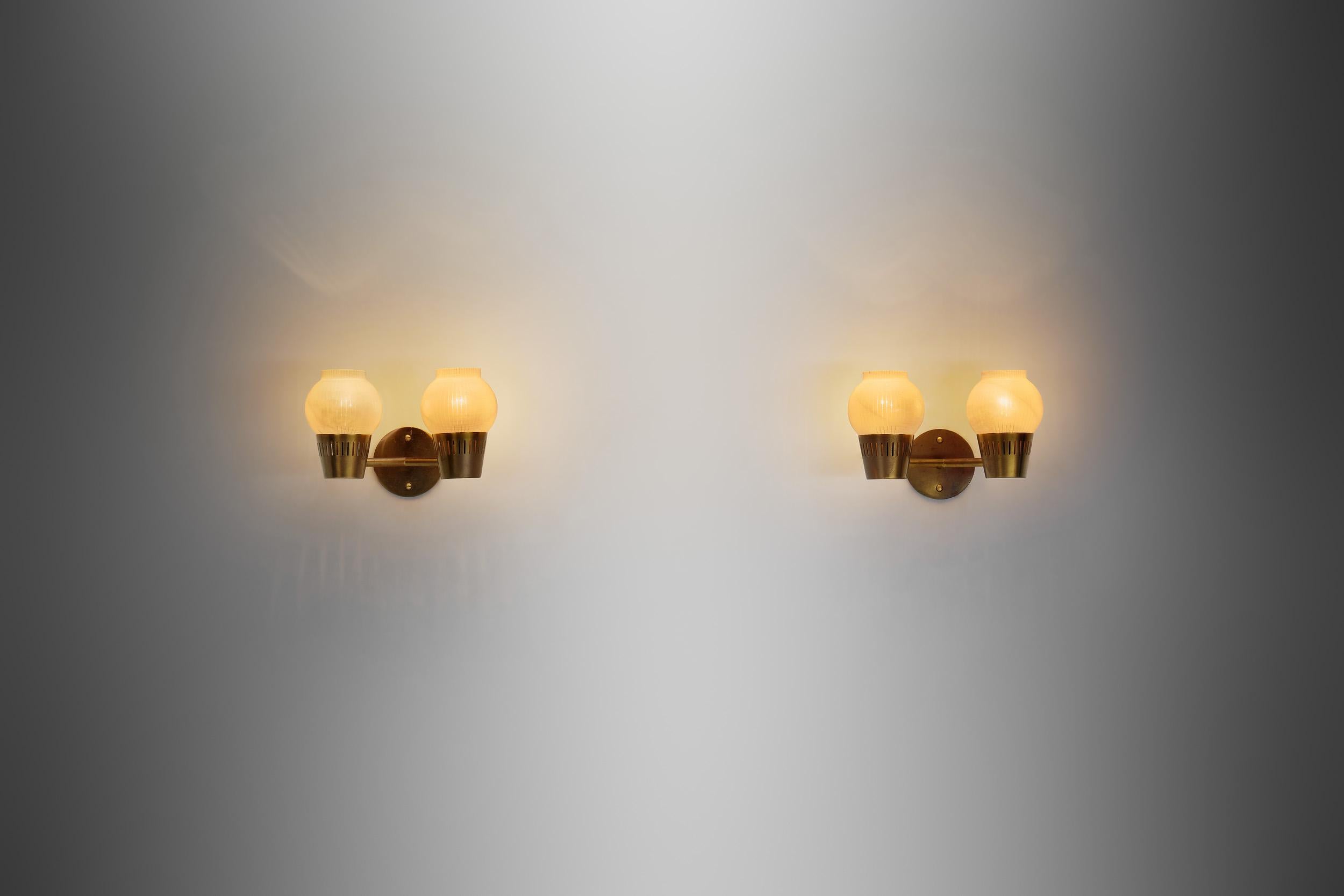 Mid-20th Century A Pair of Brass and Opal Glass Wall Lamps, Scandinavia ca 1960s