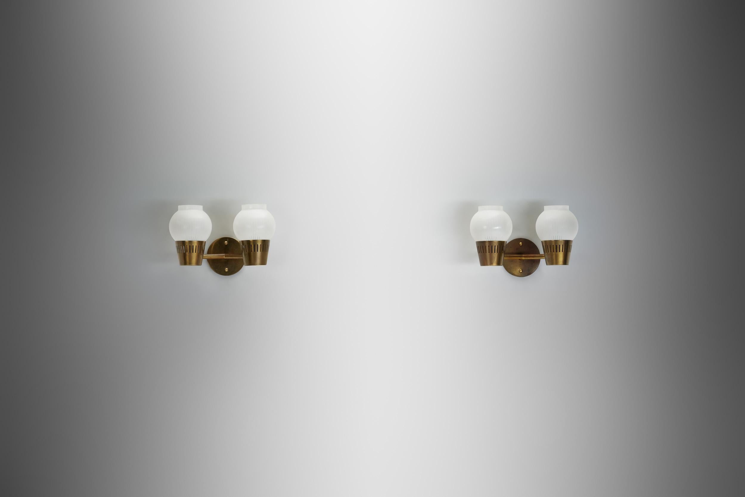 A Pair of Brass and Opal Glass Wall Lamps, Scandinavia ca 1960s 1
