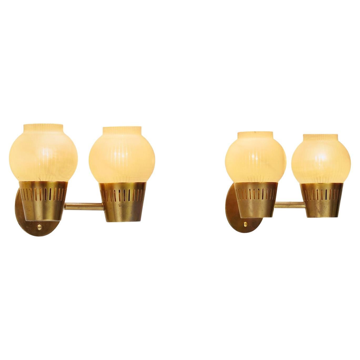 A Pair of Brass and Opal Glass Wall Lamps, Scandinavia ca 1960s