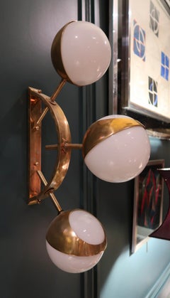 Pair of Brass and Opaline Glass Midcentury Italian Sconces, 1980