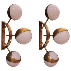 Pair of Brass and Opaline Glass Midcentury Italian Sconces, 1980