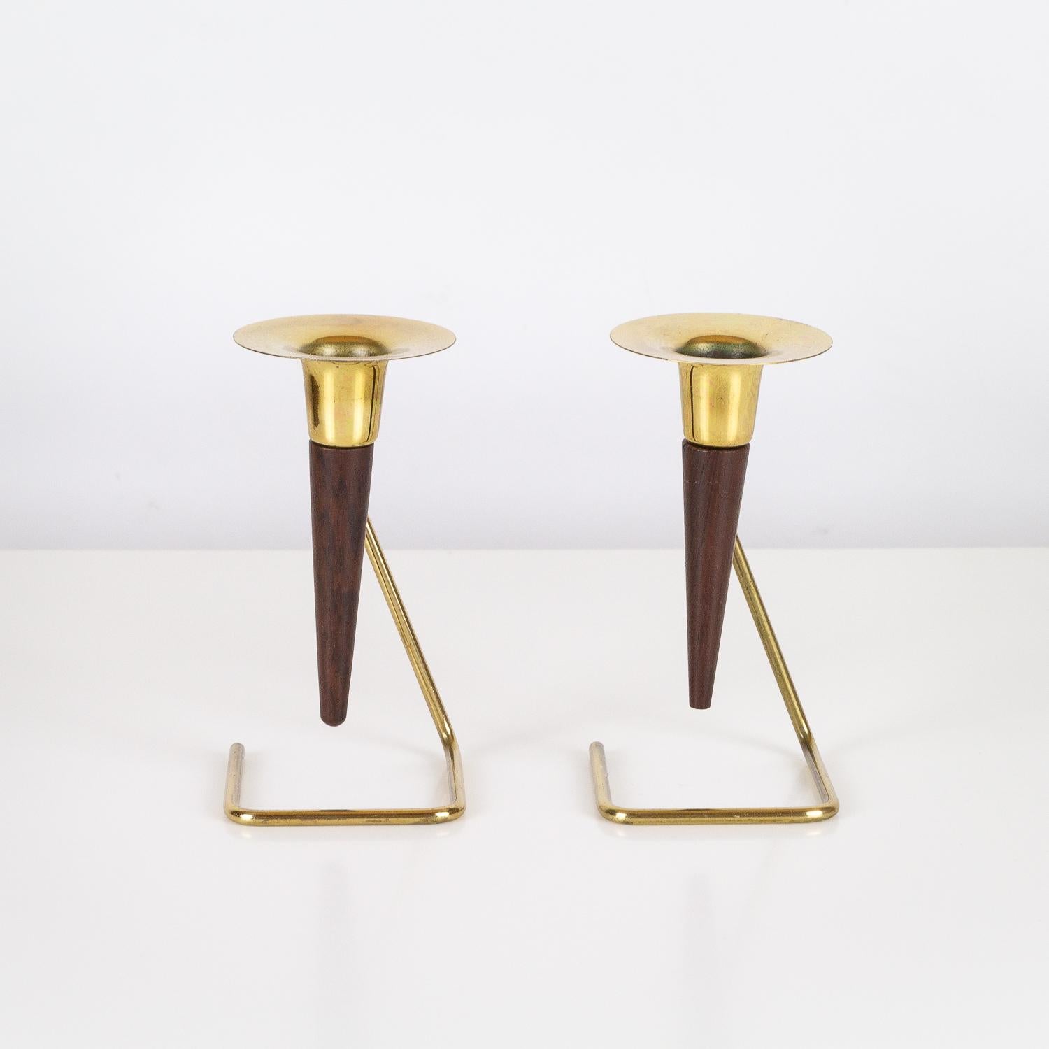 Mid-Century Modern Pair of Brass and Rosewood Candlesticks, Denmark, 1960s