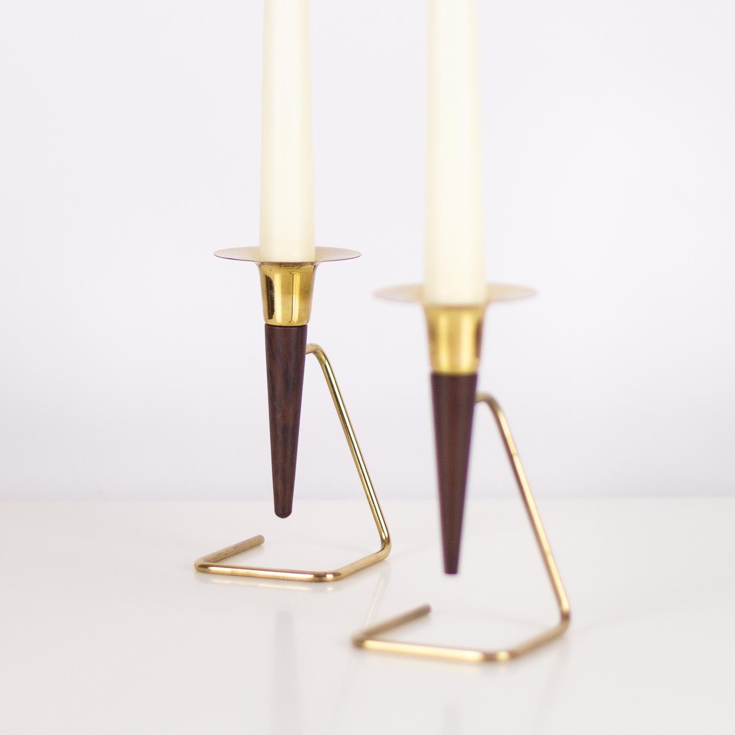 Danish Pair of Brass and Rosewood Candlesticks, Denmark, 1960s