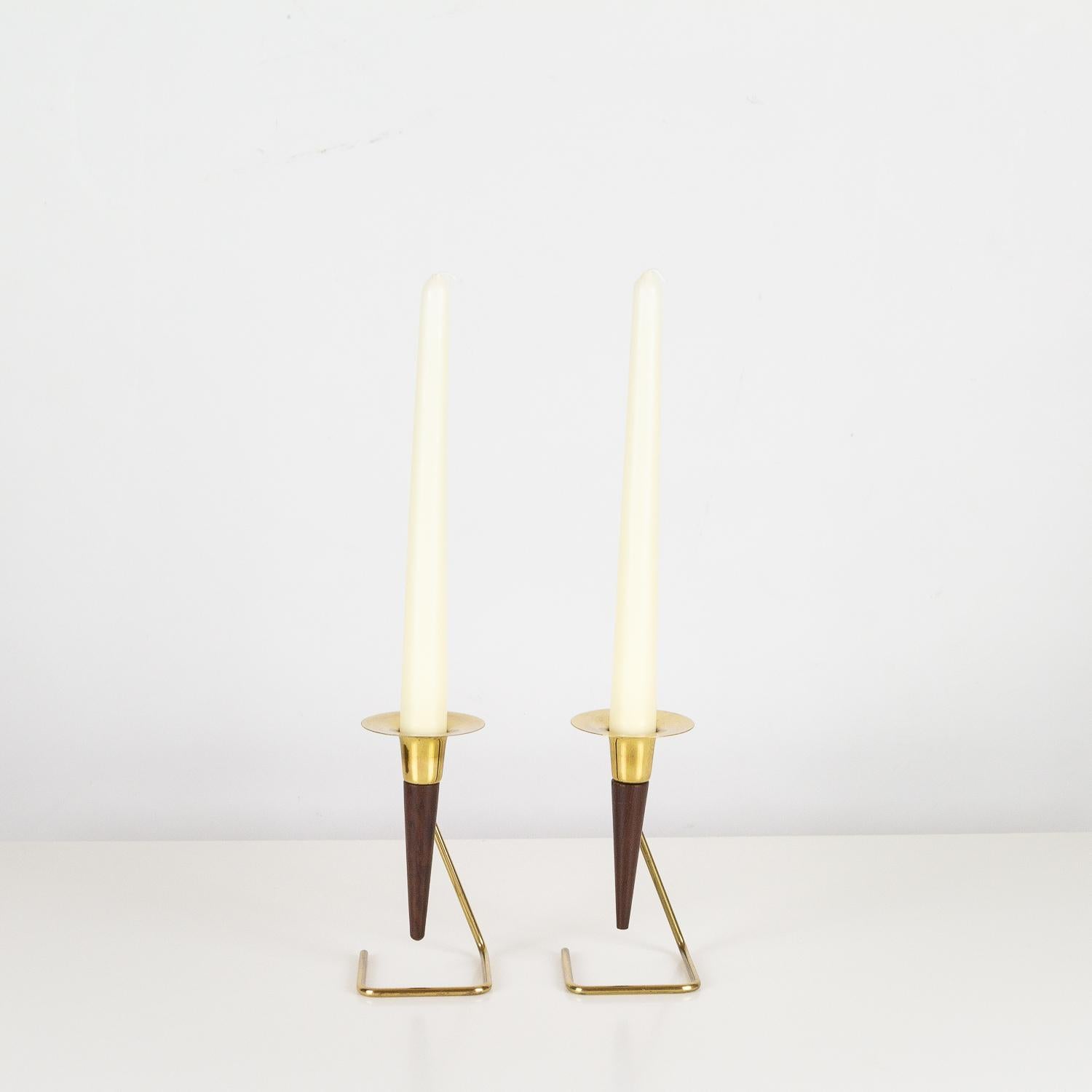 Pair of Brass and Rosewood Candlesticks, Denmark, 1960s In Good Condition In Berkhamsted, GB