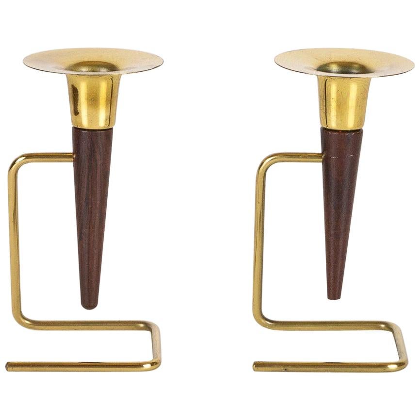 Pair of Brass and Rosewood Candlesticks, Denmark, 1960s