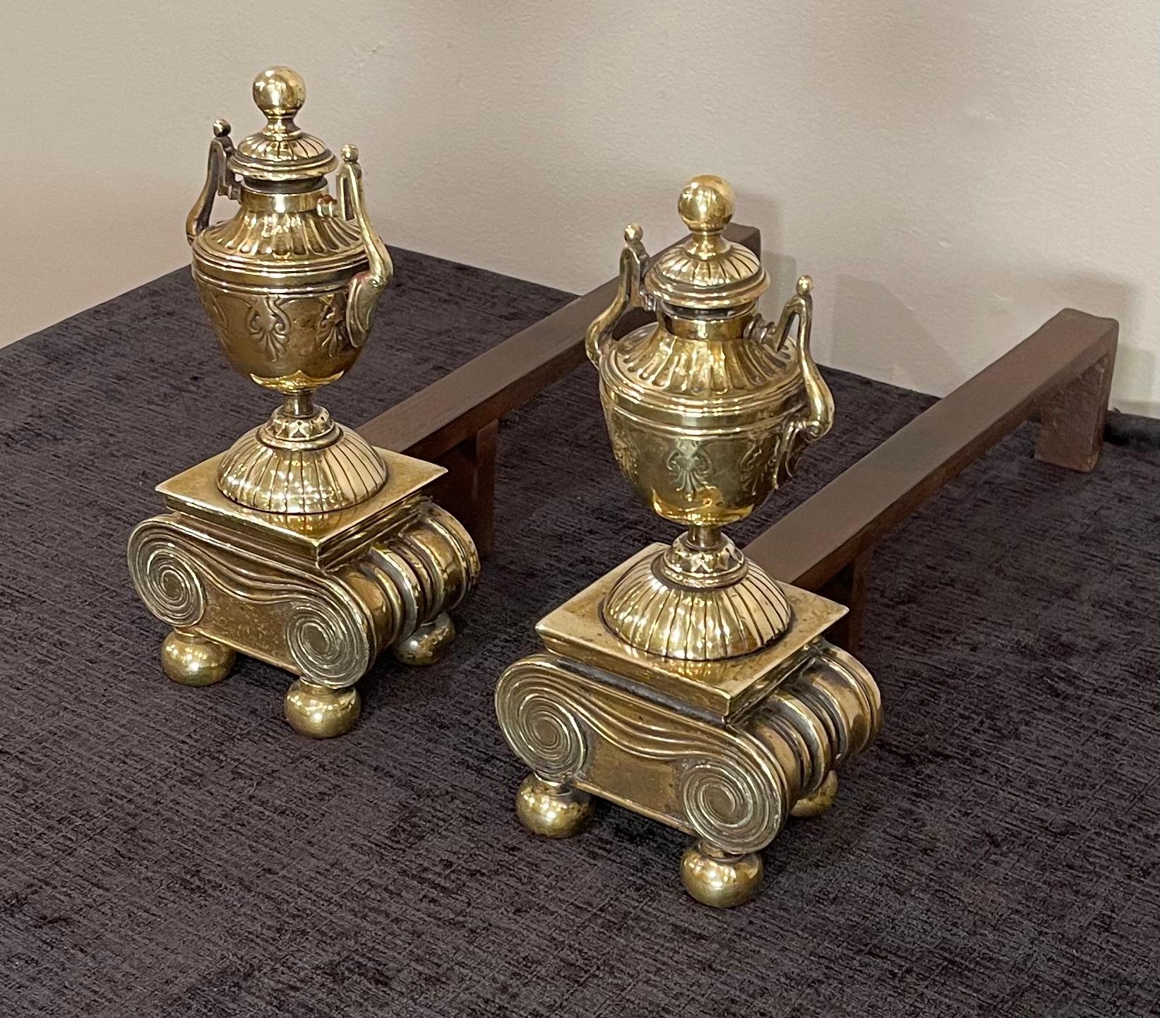 Neoclassical Pair of Brass Andirons, of Diminutive Proportions For Sale