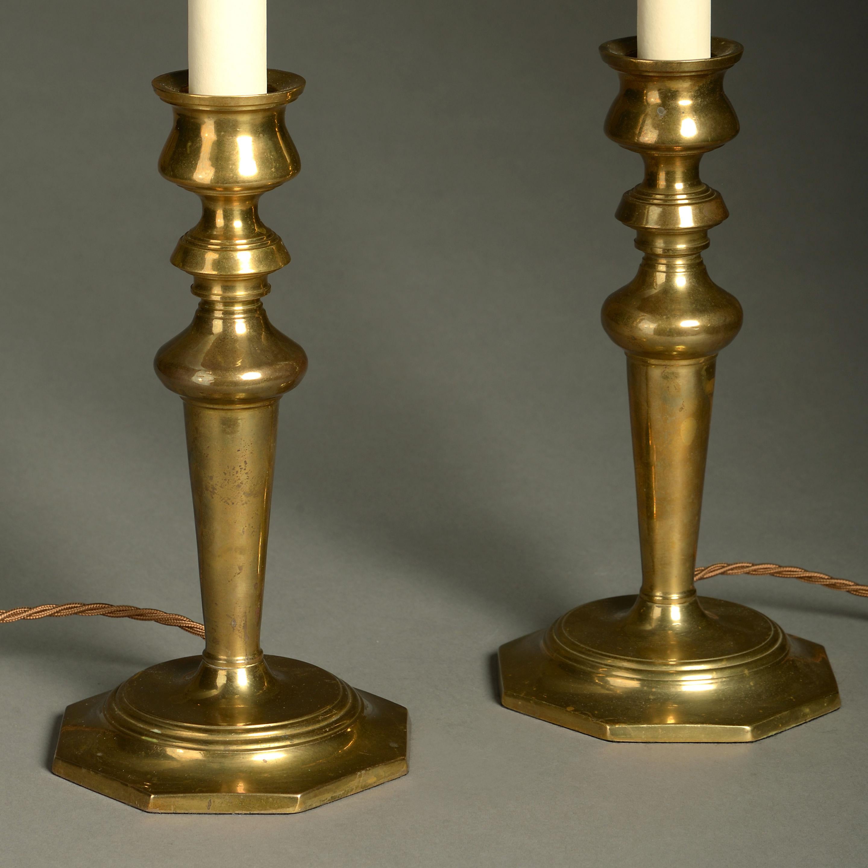 English Pair of Brass Candlestick Lamps