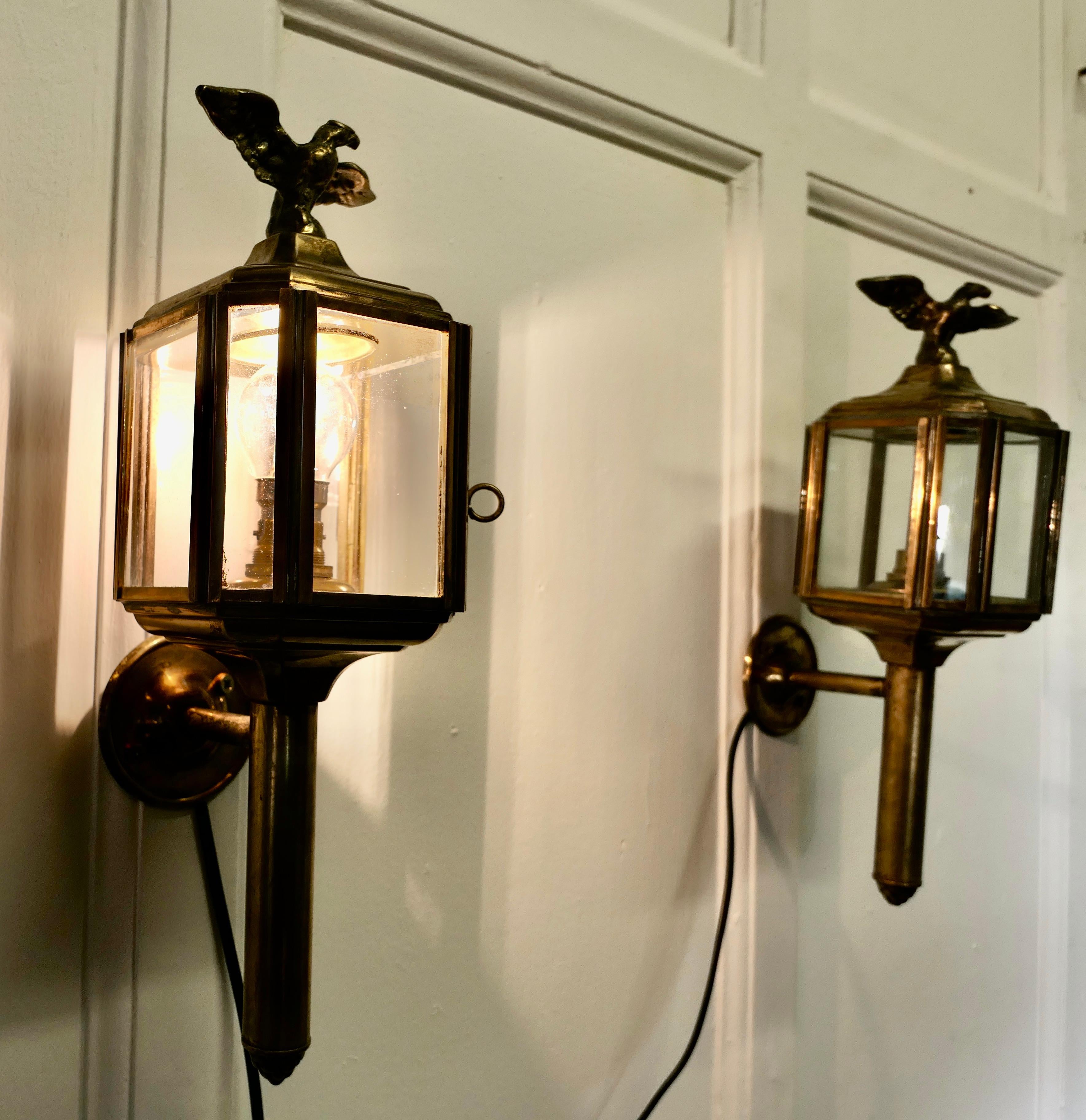 Edwardian Pair of Brass Carriage Style Wall Lights, Lanterns with Eagles For Sale
