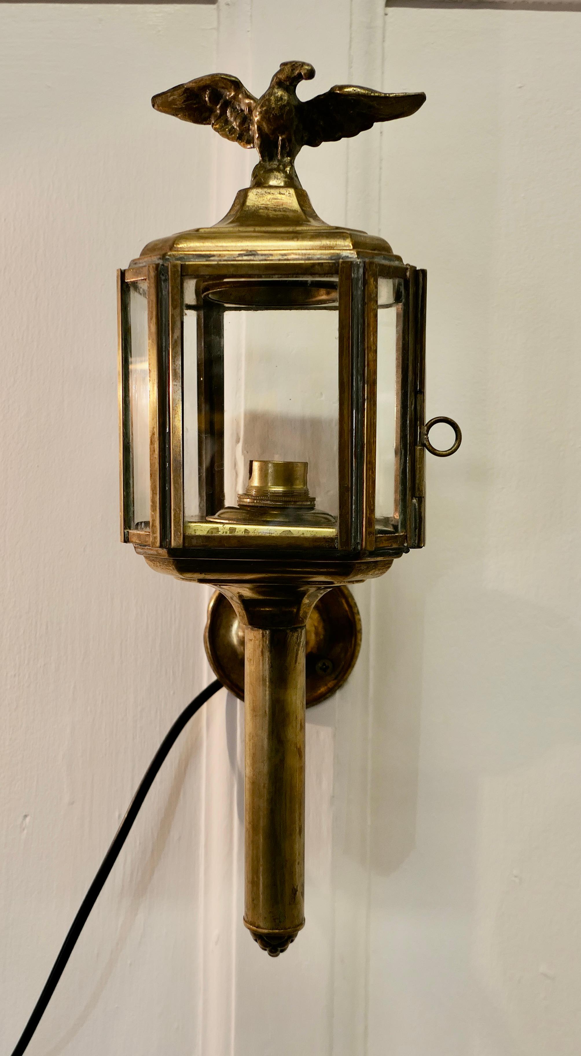 20th Century Pair of Brass Carriage Style Wall Lights, Lanterns with Eagles For Sale