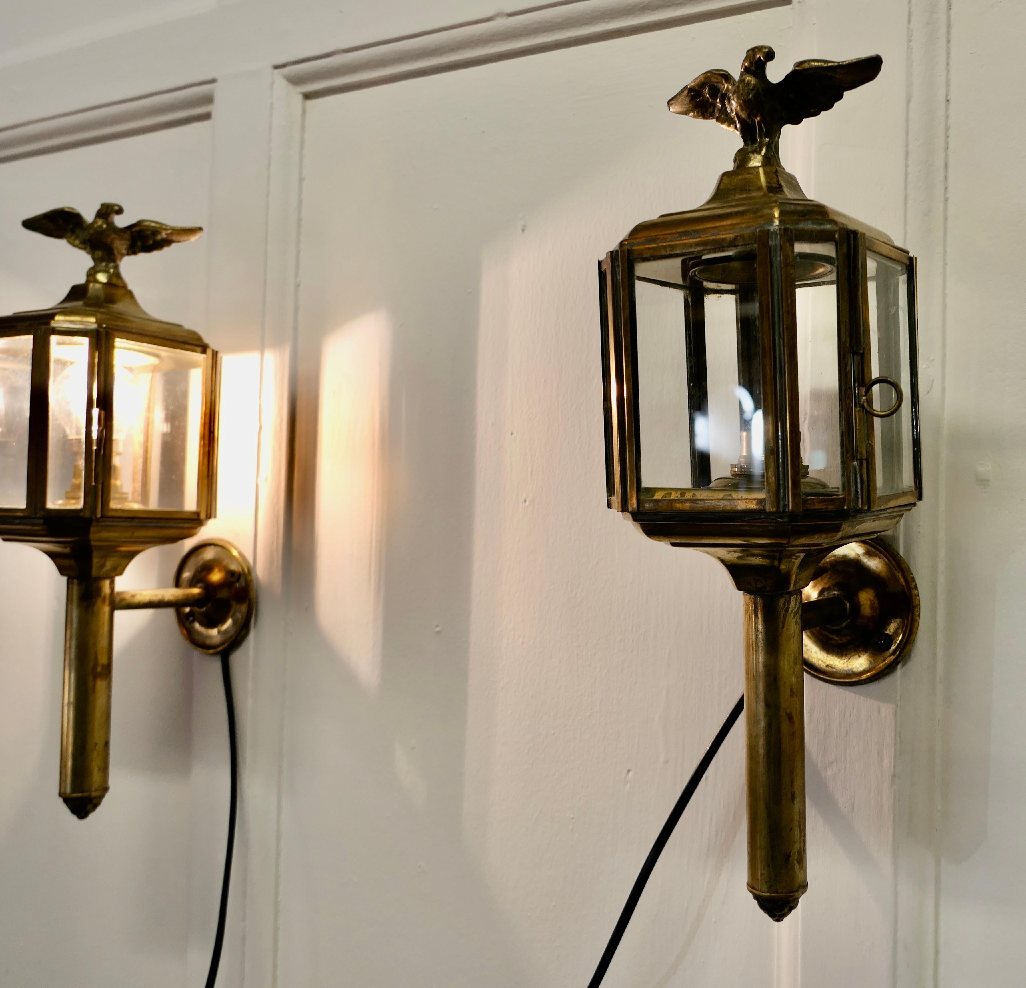 Pair of Brass Carriage Style Wall Lights, Lanterns with Eagles For Sale 1