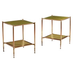 Pair of Brass Etageres After Maison Jansen with Green Leather Tops