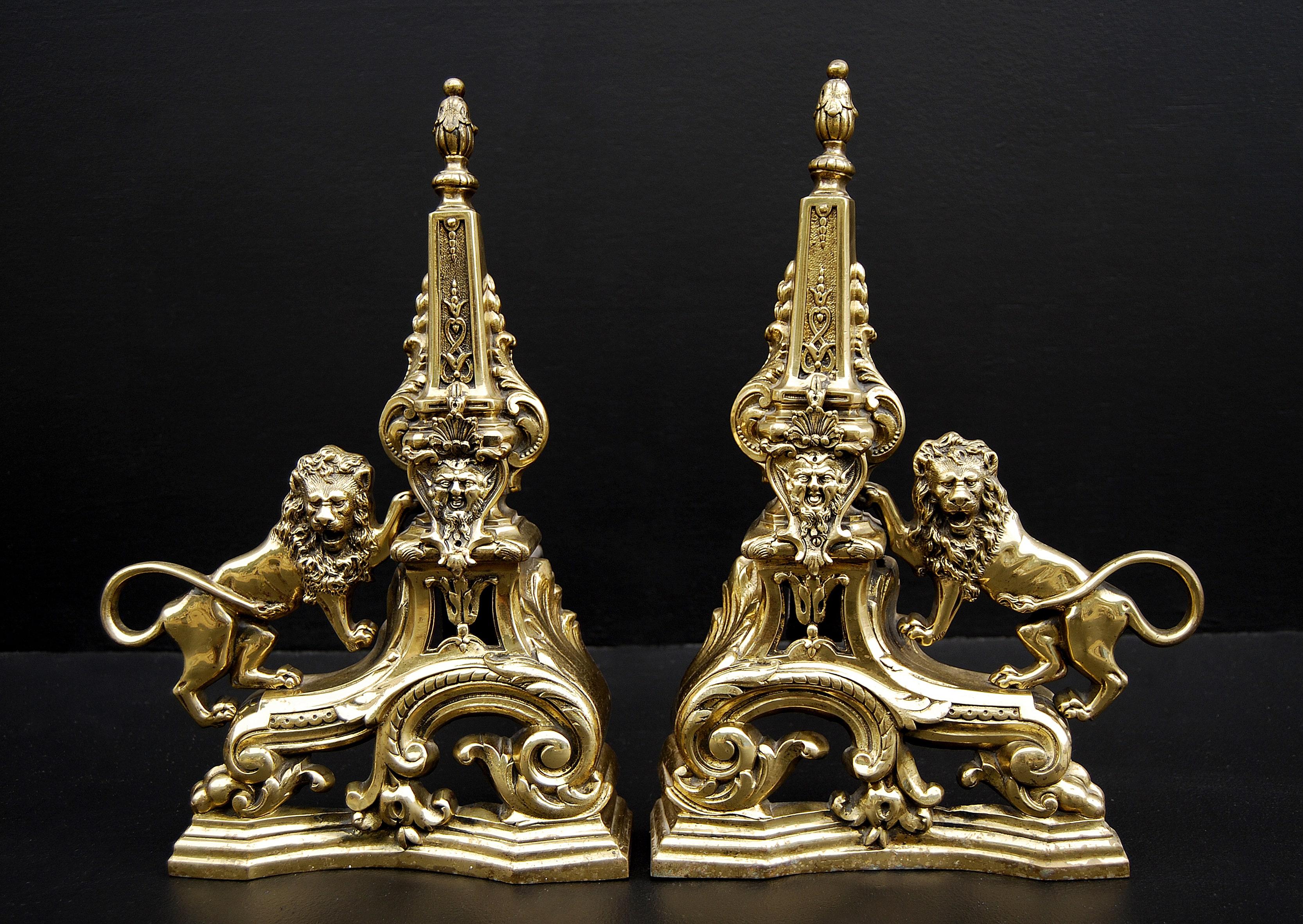 French Pair of Brass Firedogs with Lions
