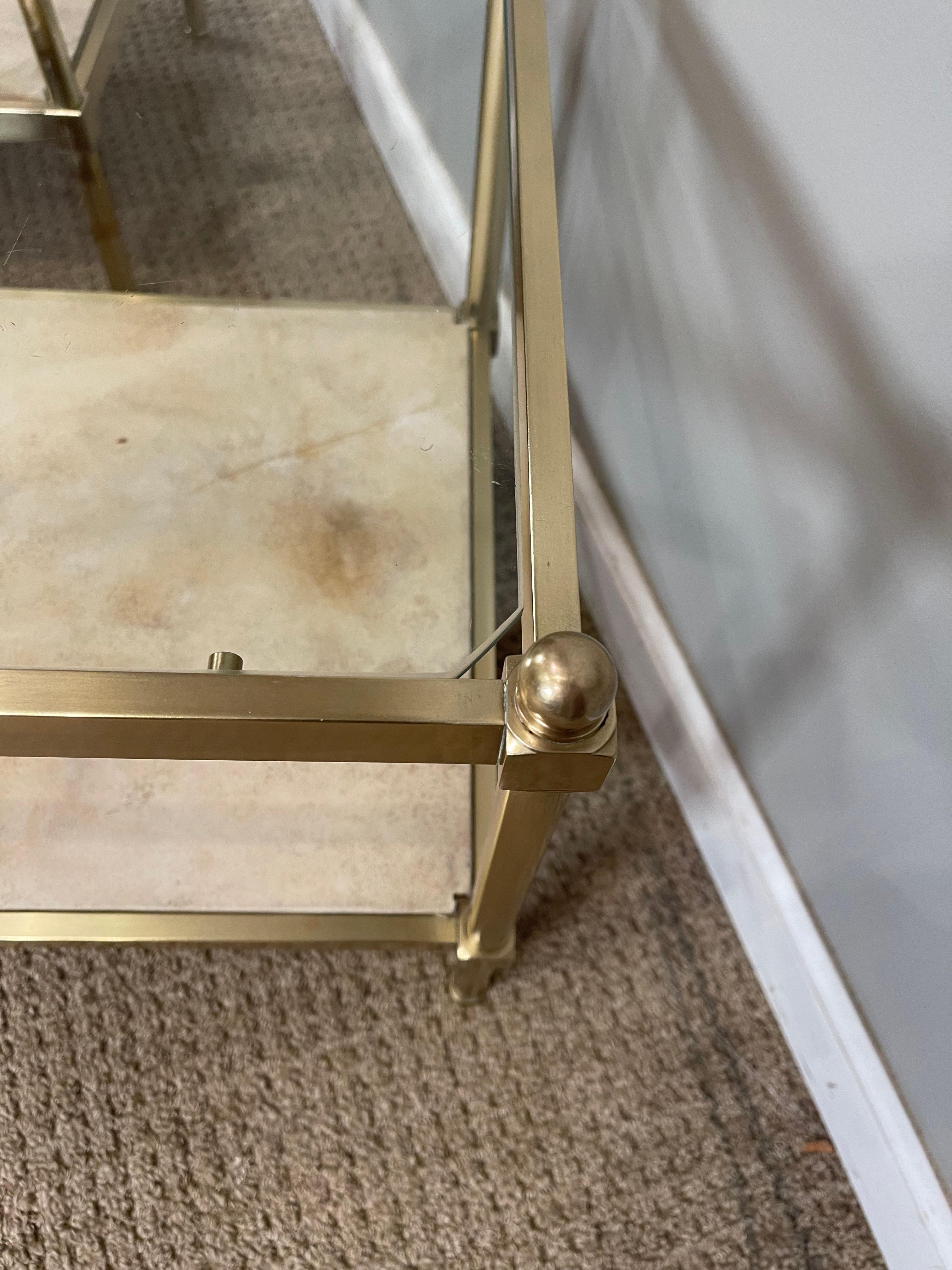American Pair of Brass Glass & Parchment Side Tables