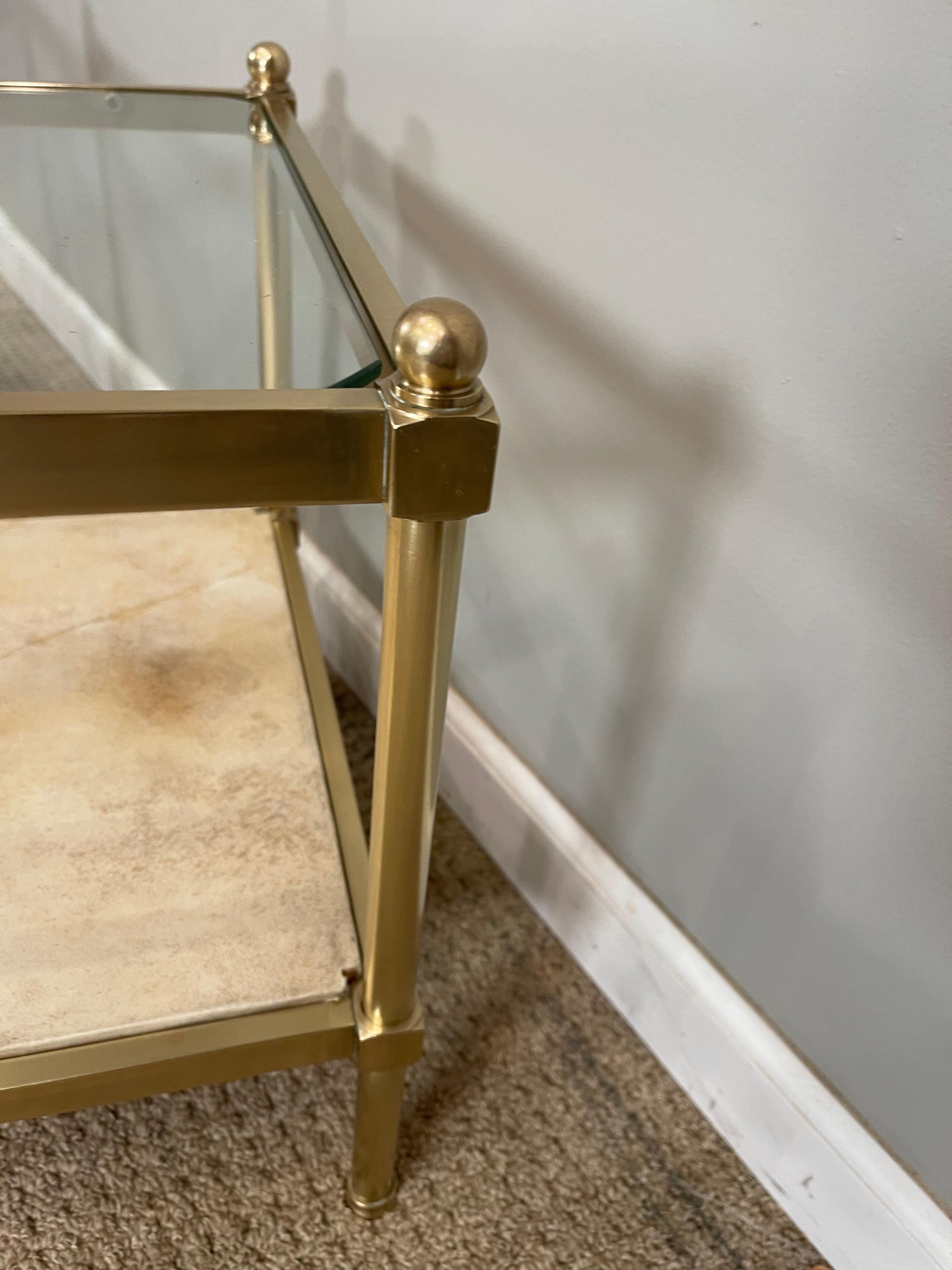 Pair of Brass Glass & Parchment Side Tables In Good Condition In New York, NY