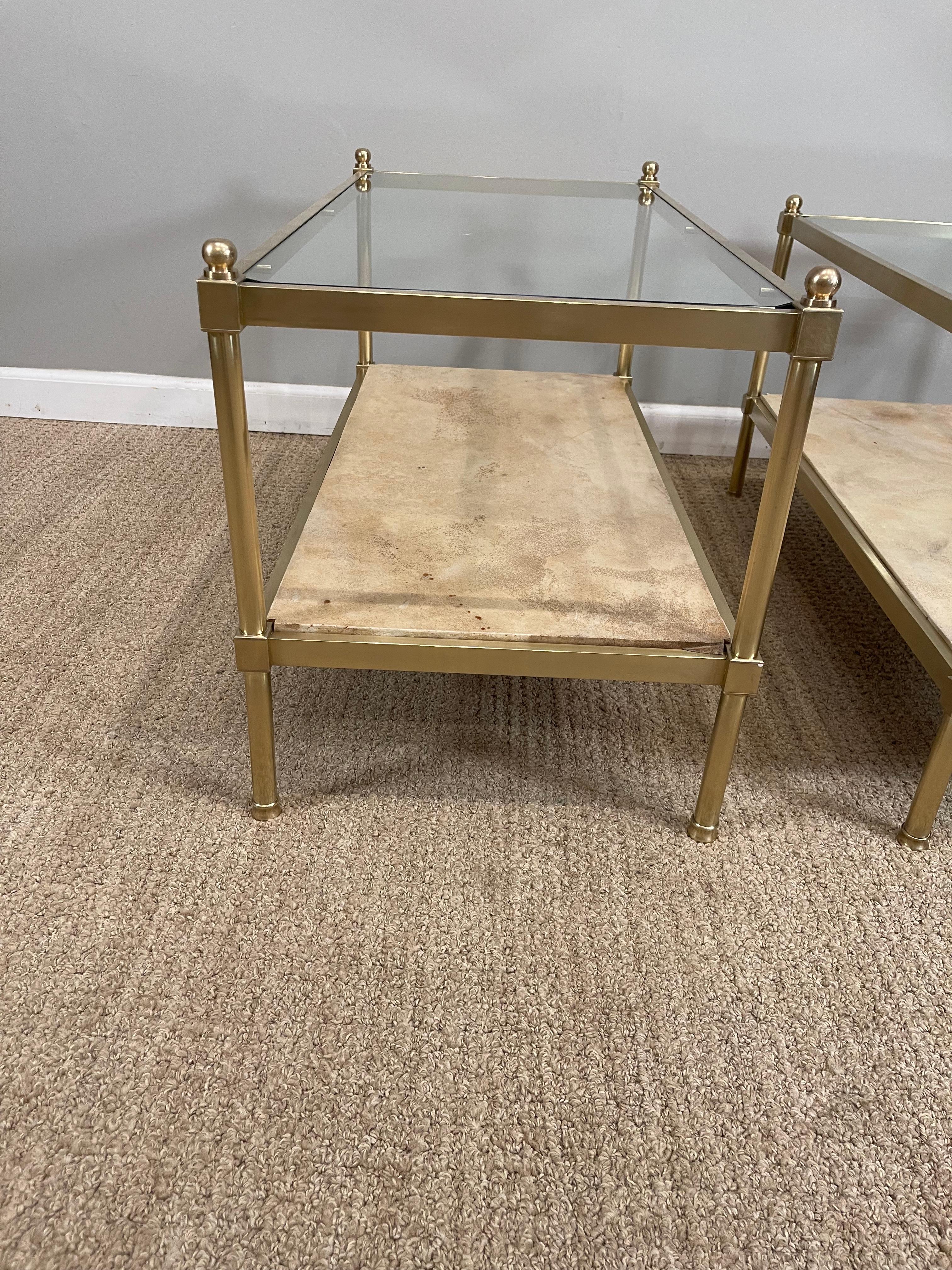 Pair of Brass Glass & Parchment Side Tables 1
