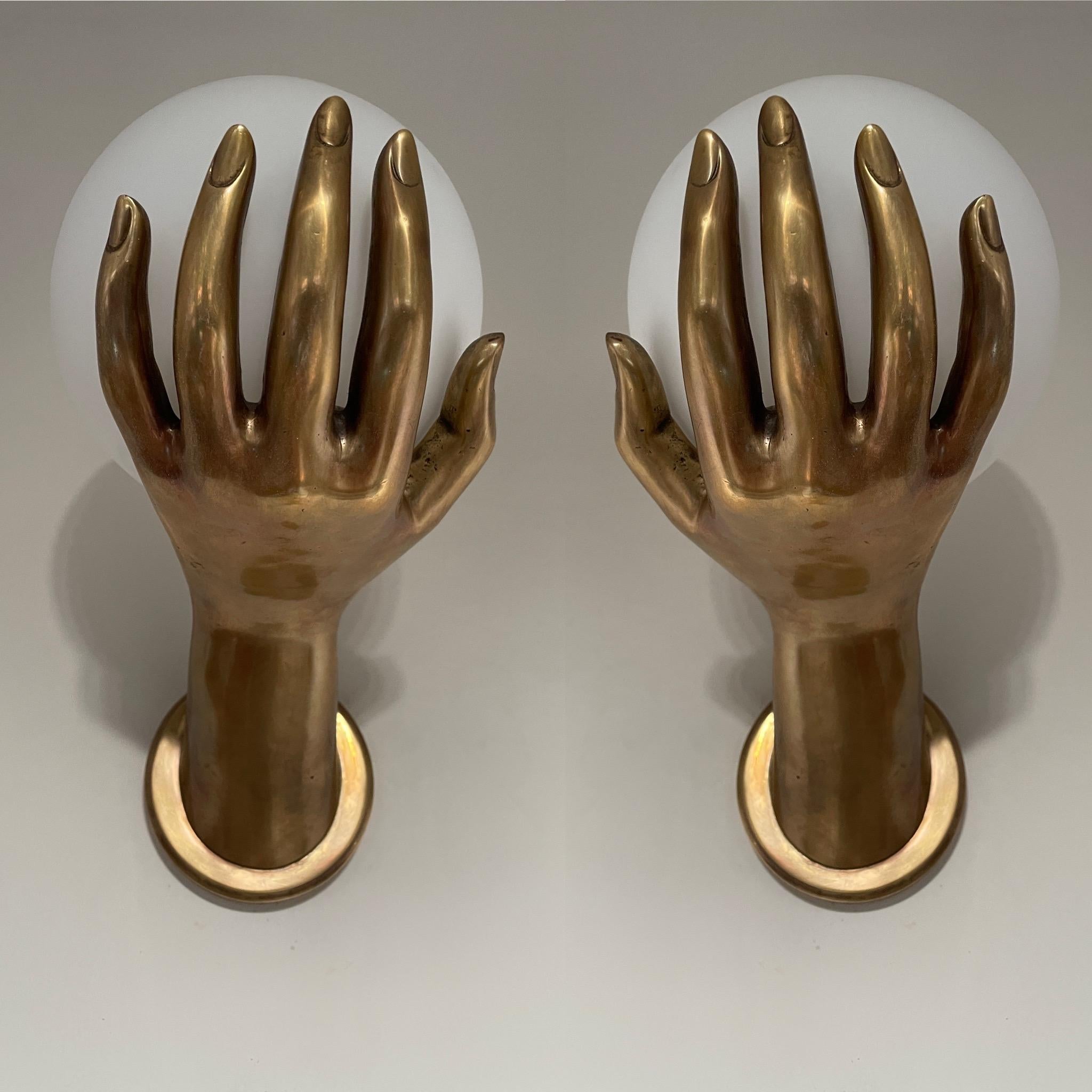 Mid-Century Modern Pair of Brass Hand Wall Lights