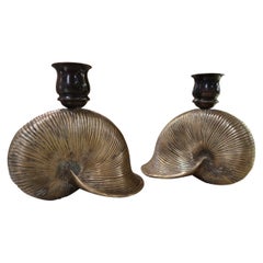 Pair of Brass Nautilus Shell Midcentury Italian Chandeliers, 1970