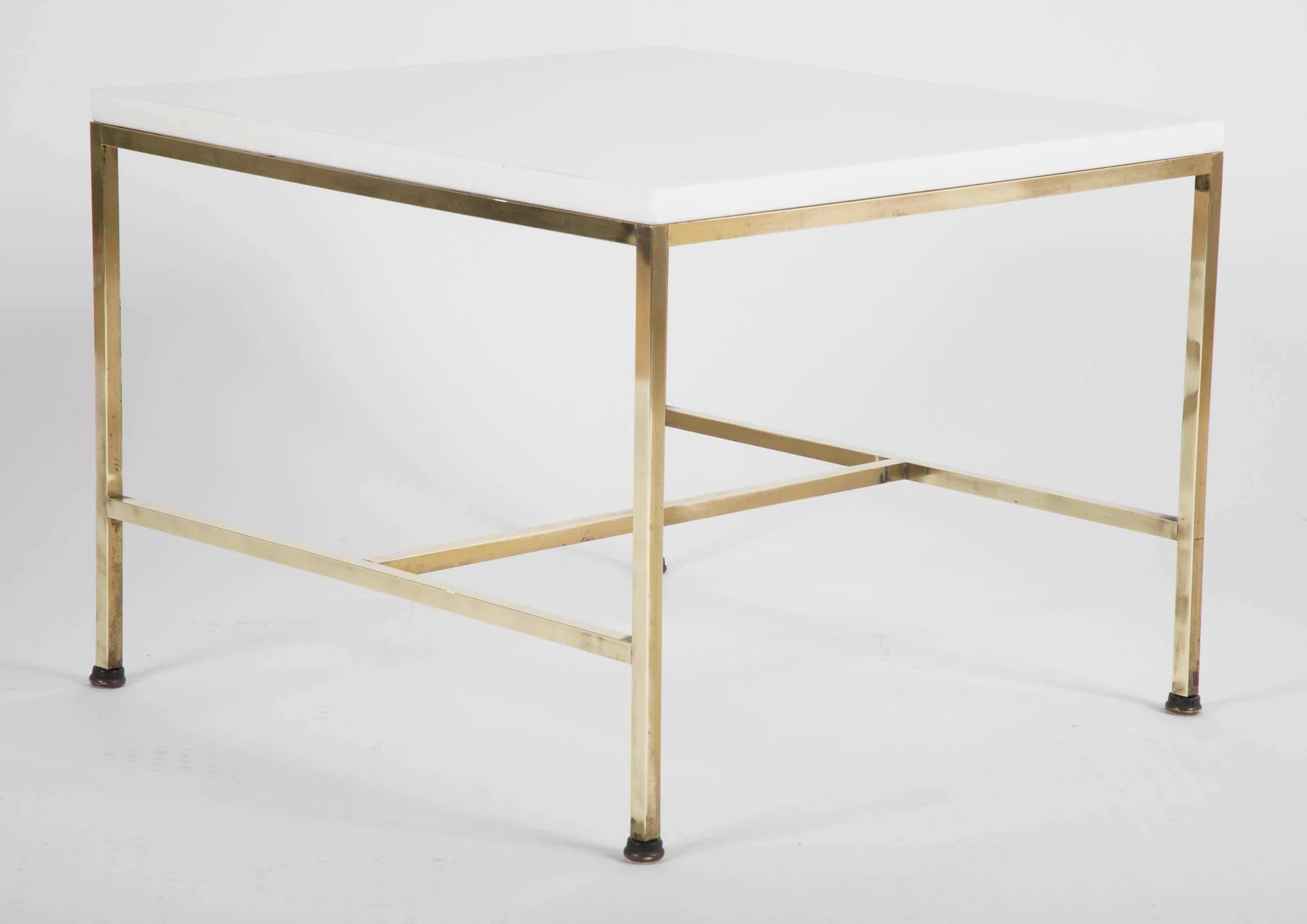 A pair of Virtolite glass and brass side tables designed by Paul McCobb for Calvin. Model 8732.