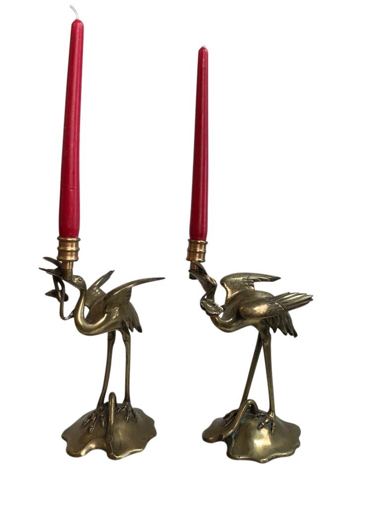 A beautiful pair of brass stalk candelabras, 19th century. The pair are finely decorated as Stalks, belonging to the family called Ciconiidae, and make up the order Ciconiiformes.