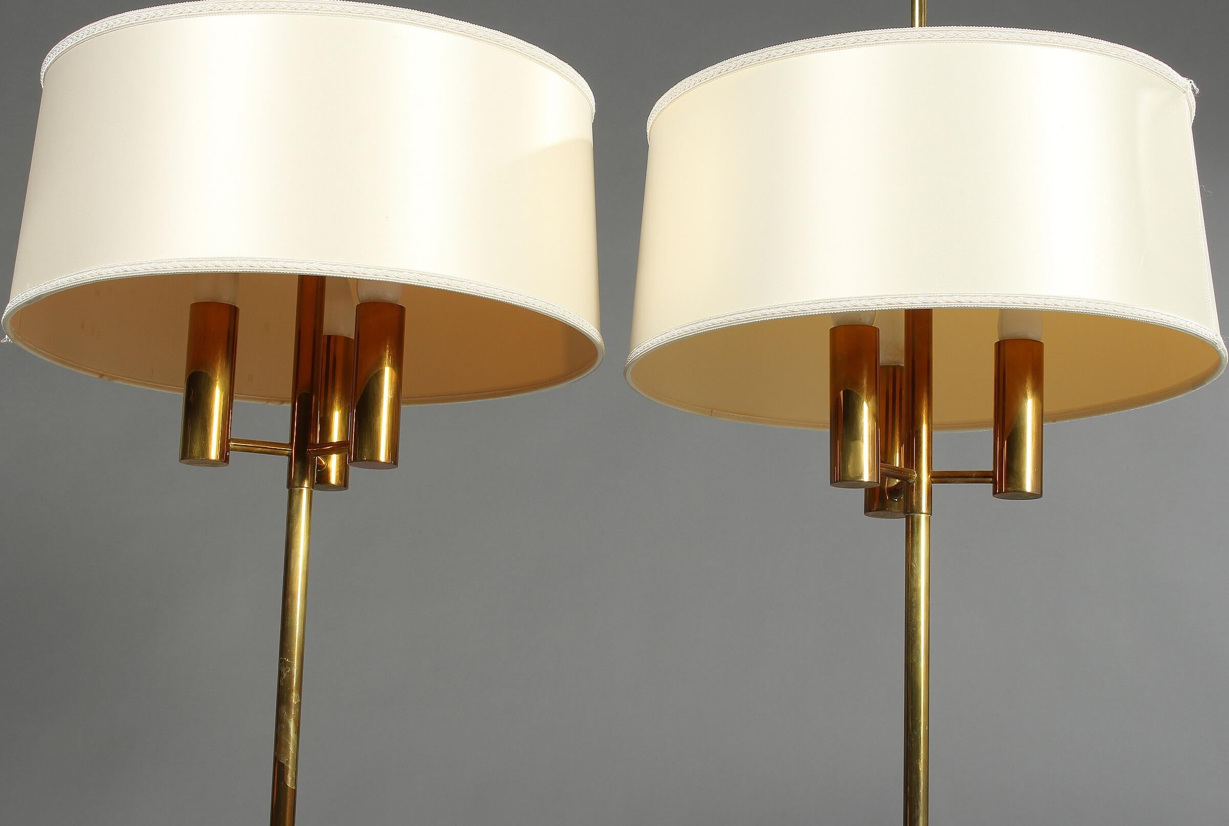 Scandinavian Modern Pair of Brass Standard Lamps on a Three-Star Base For Sale