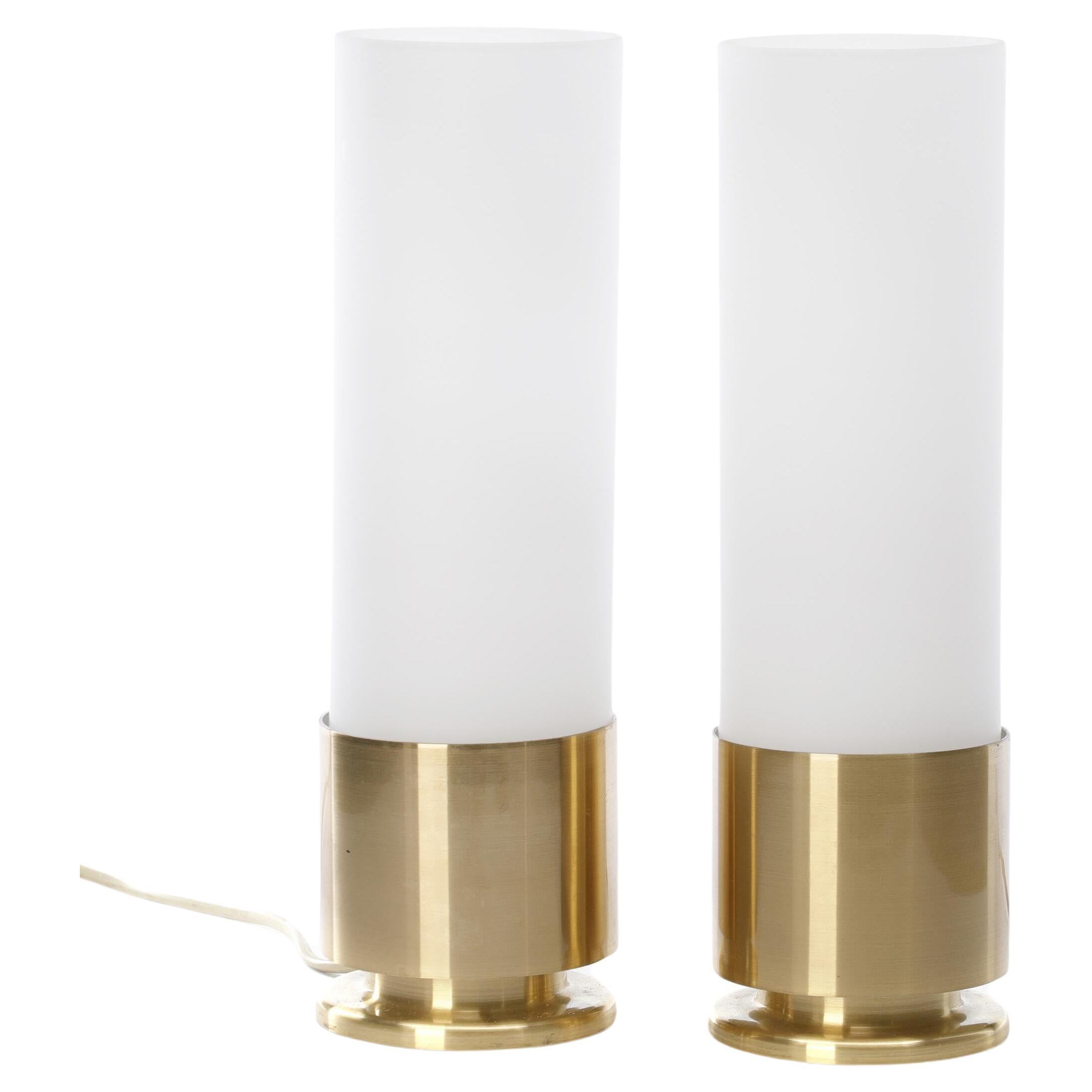 Pair of Brass Table Lamps with Cylindrical Opal Glass Shades, Designed 1968 For Sale