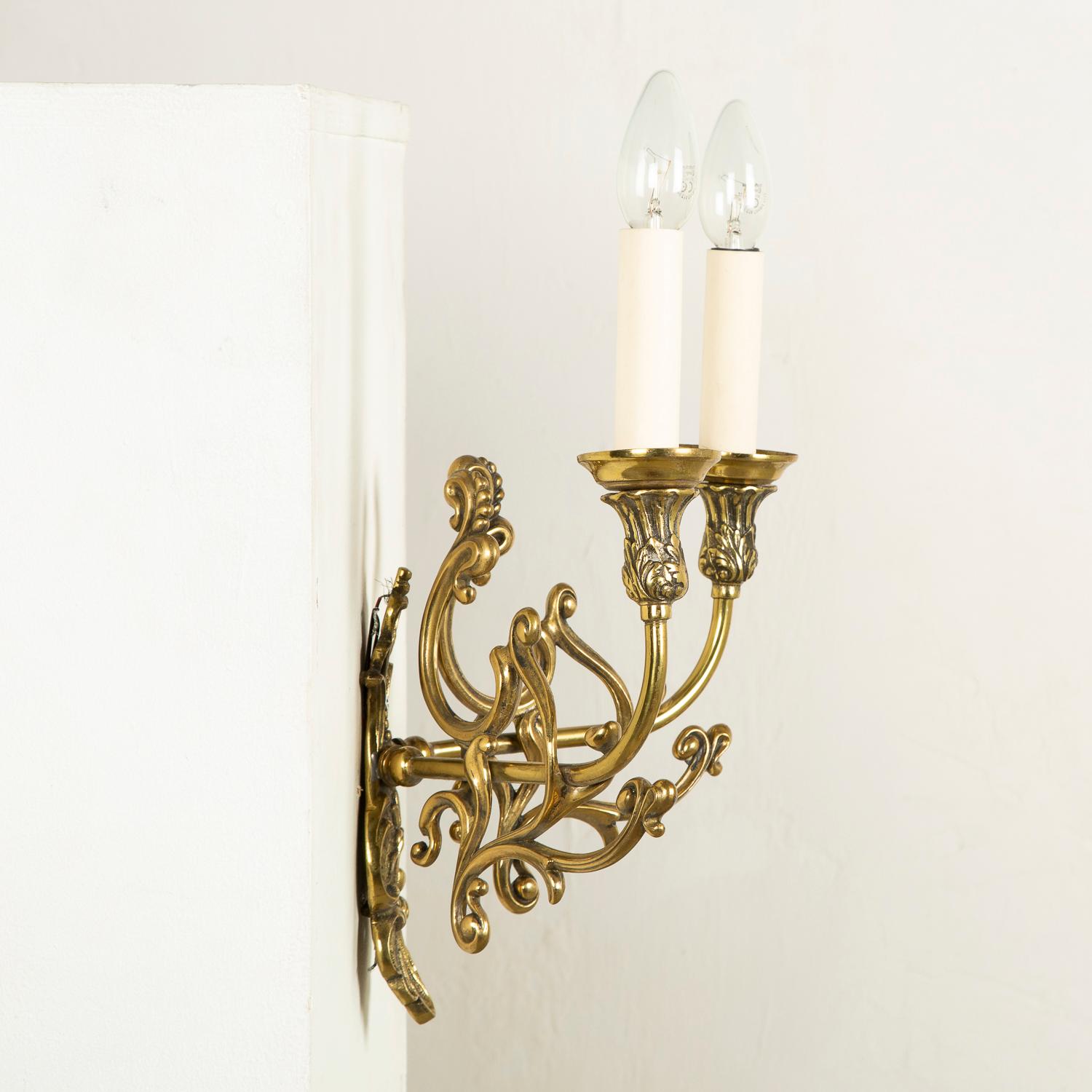 Rococo Pair of Brass Twin Arm Wall Lights For Sale