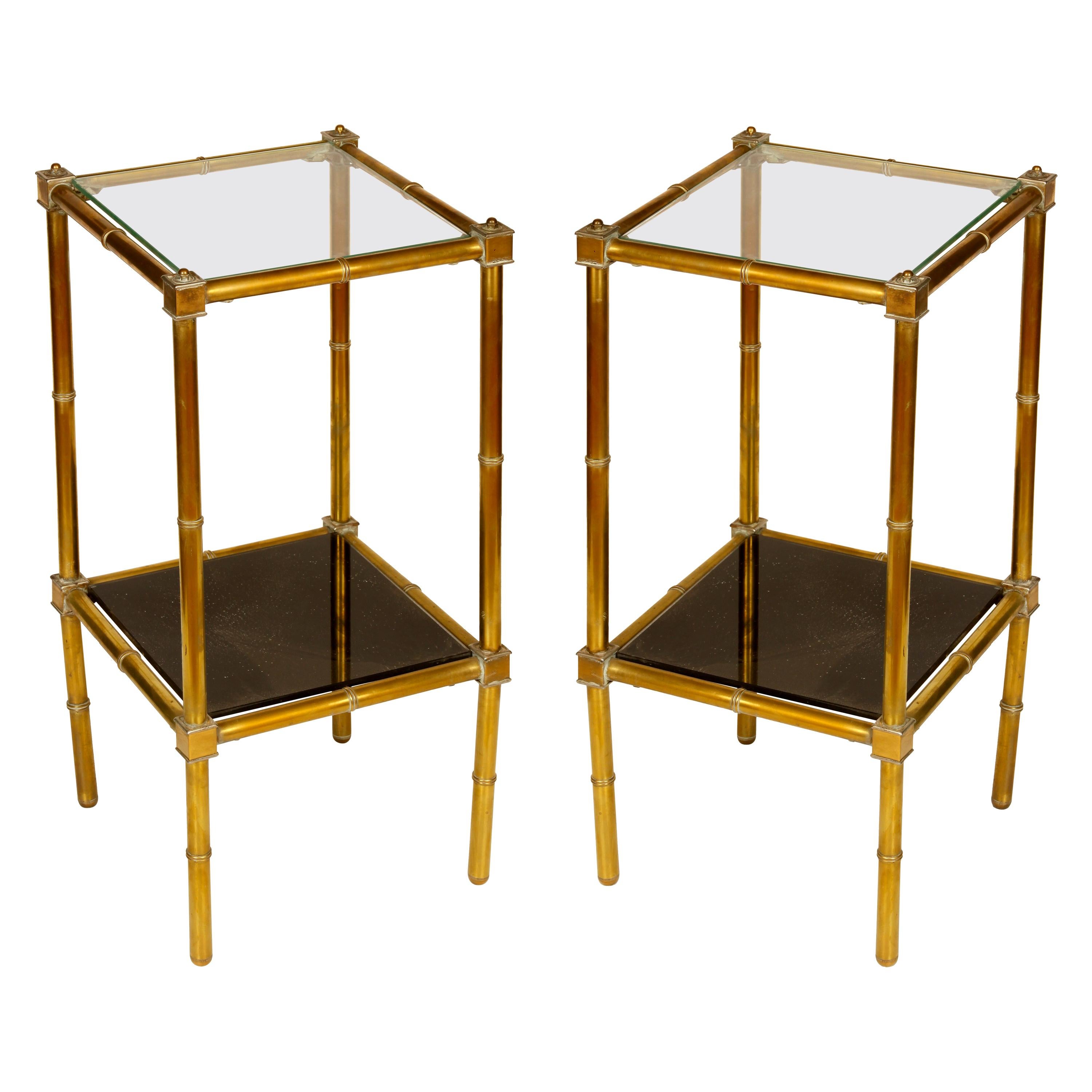 Pair of Brass Two-Tier Smoked Glass Tables