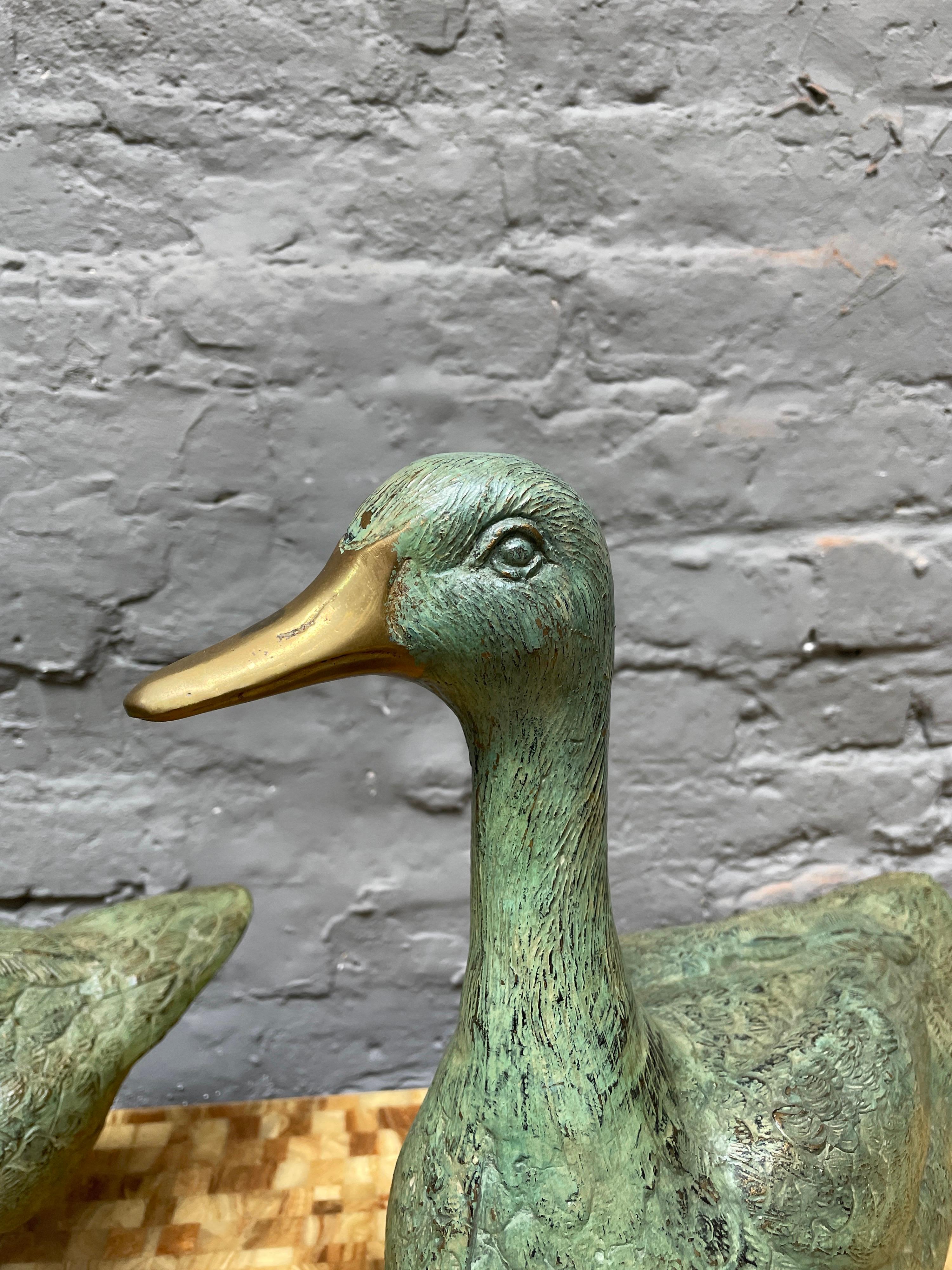 20th Century Pair of Brass Verdigris Patinated Ducks