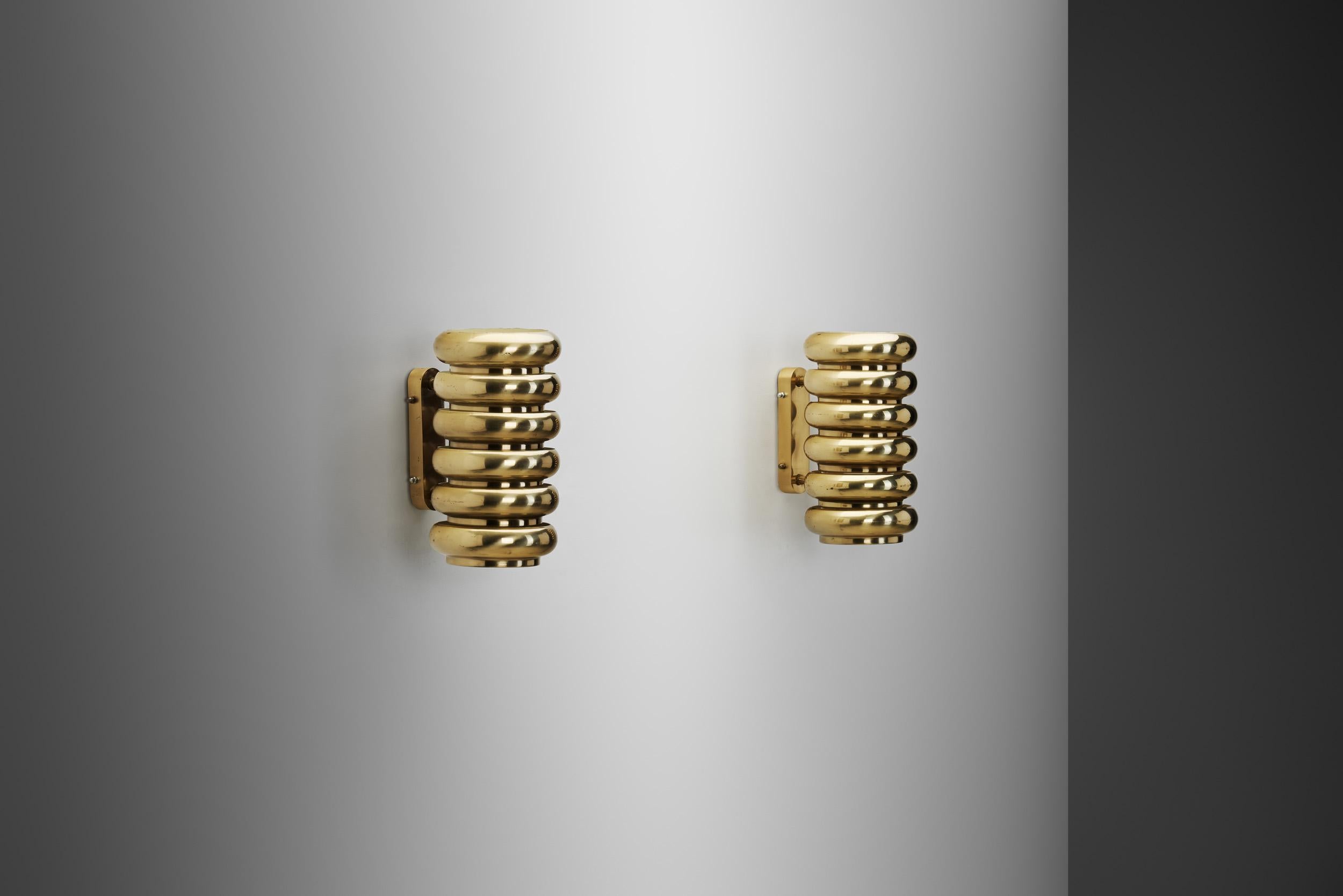 Modern A Pair of Brass Wall Lamps by Kai Ruokonen for Lynx Ltd, Finland 1970s