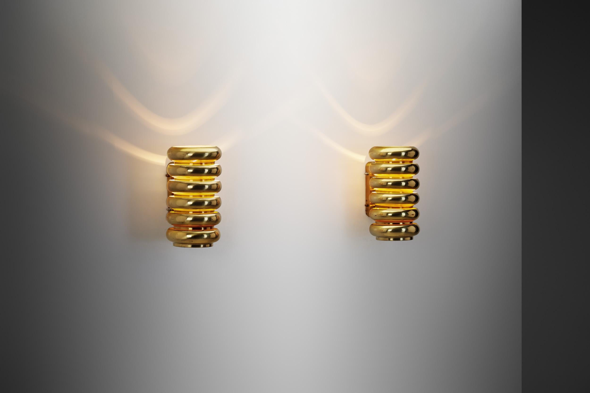 Finnish A Pair of Brass Wall Lamps by Kai Ruokonen for Lynx Ltd, Finland 1970s