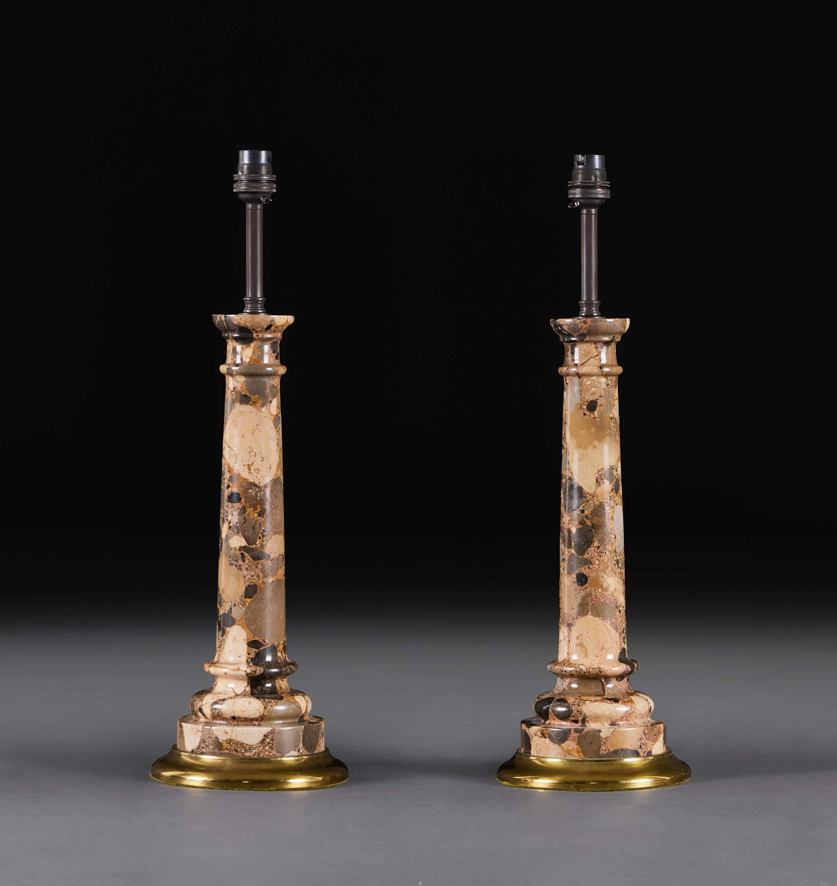 English A Pair of Breccia Marble Column Table Lamps For Sale