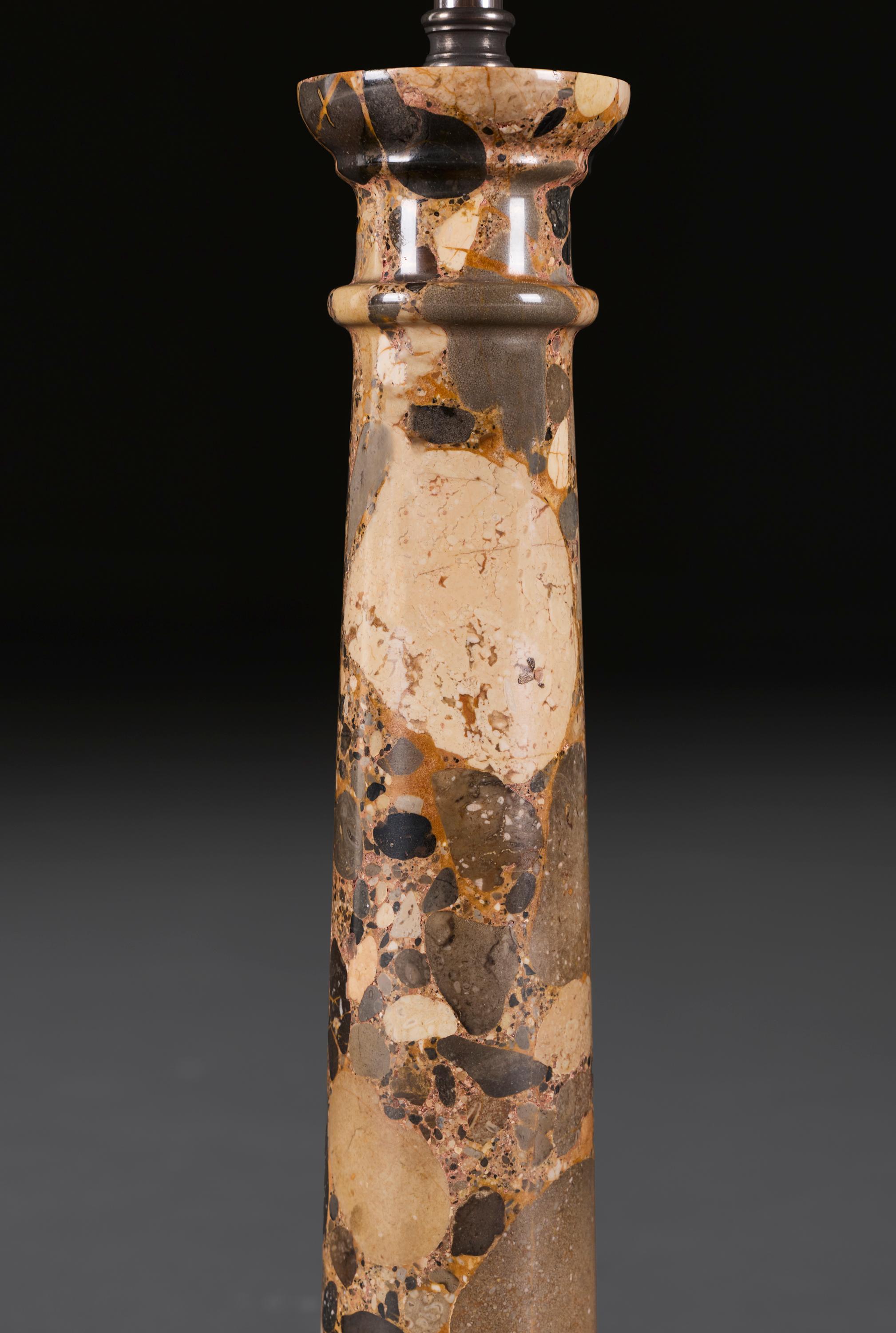 20th Century A Pair of Breccia Marble Column Table Lamps For Sale
