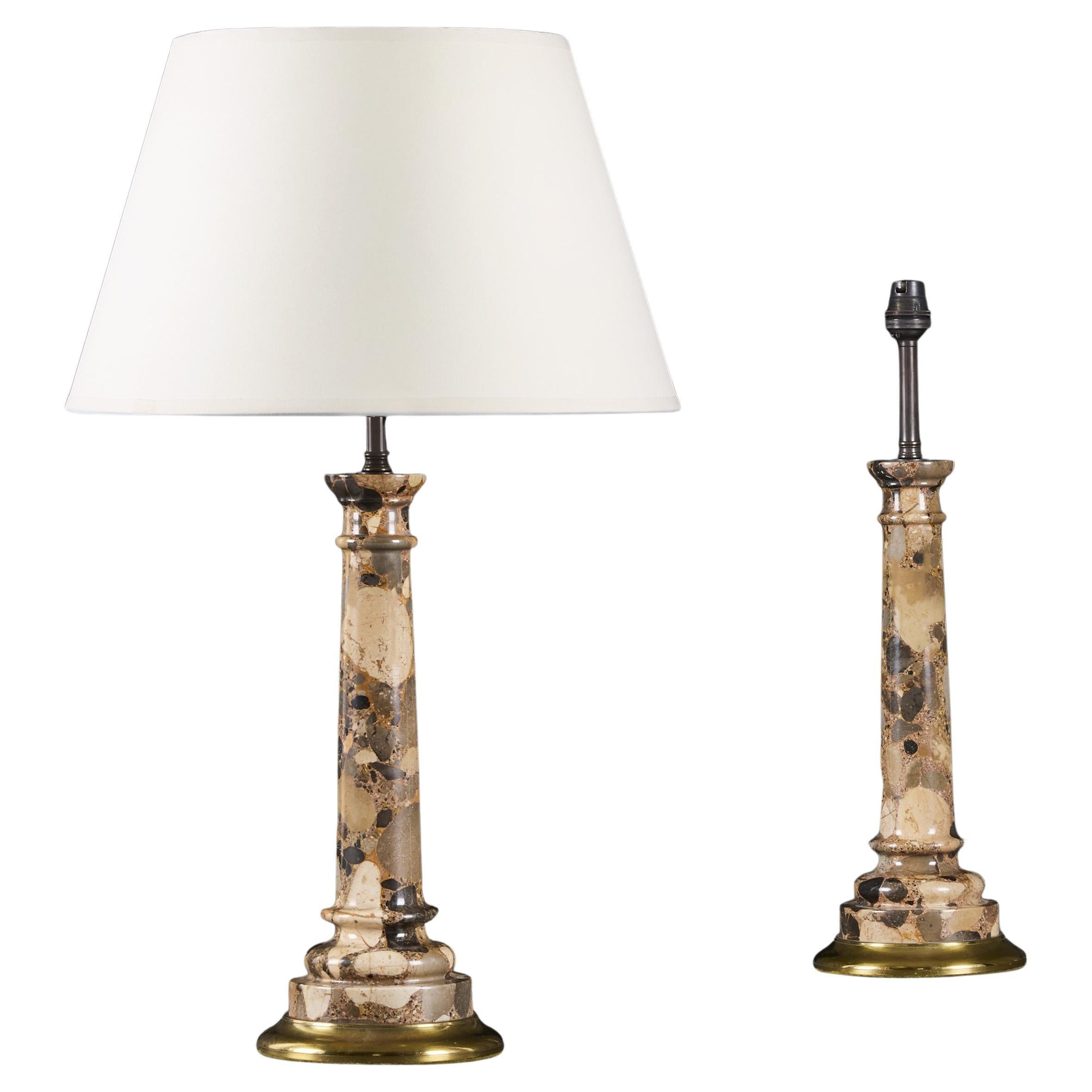 A Pair of Breccia Marble Column Table Lamps For Sale