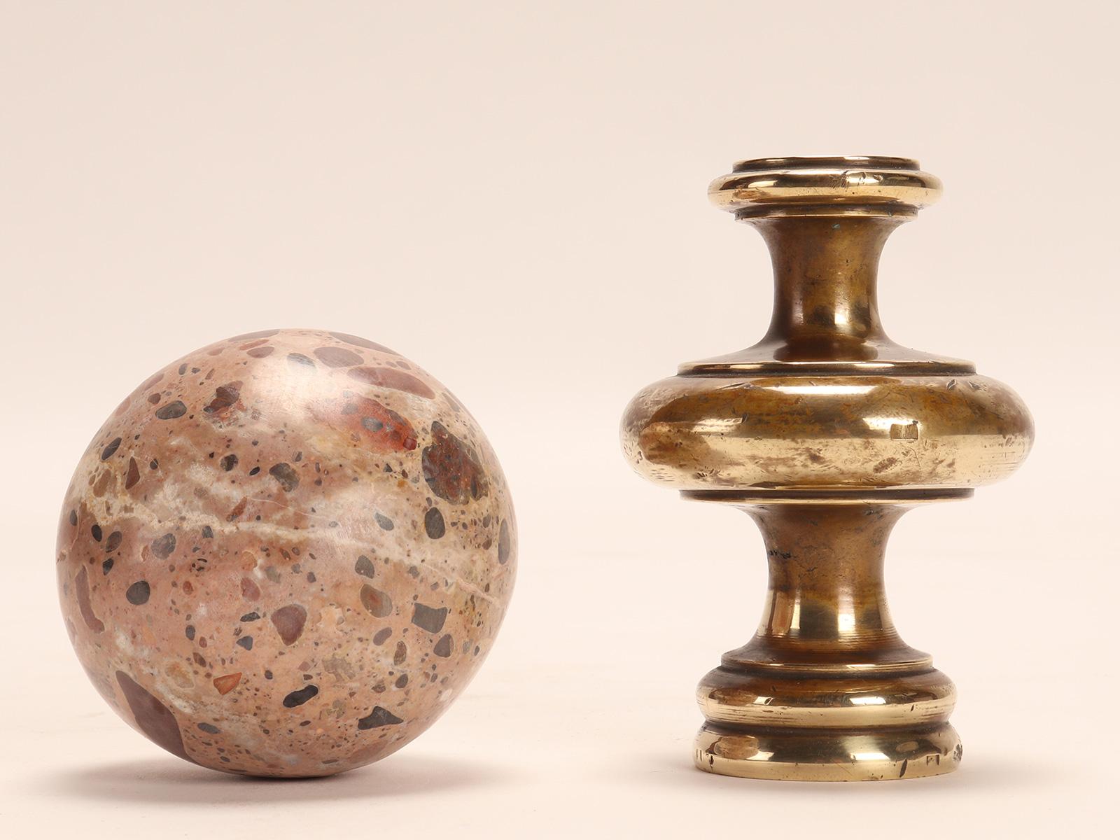 Brass Pair of Breccia Marble Spheres, Italy, 1870 For Sale