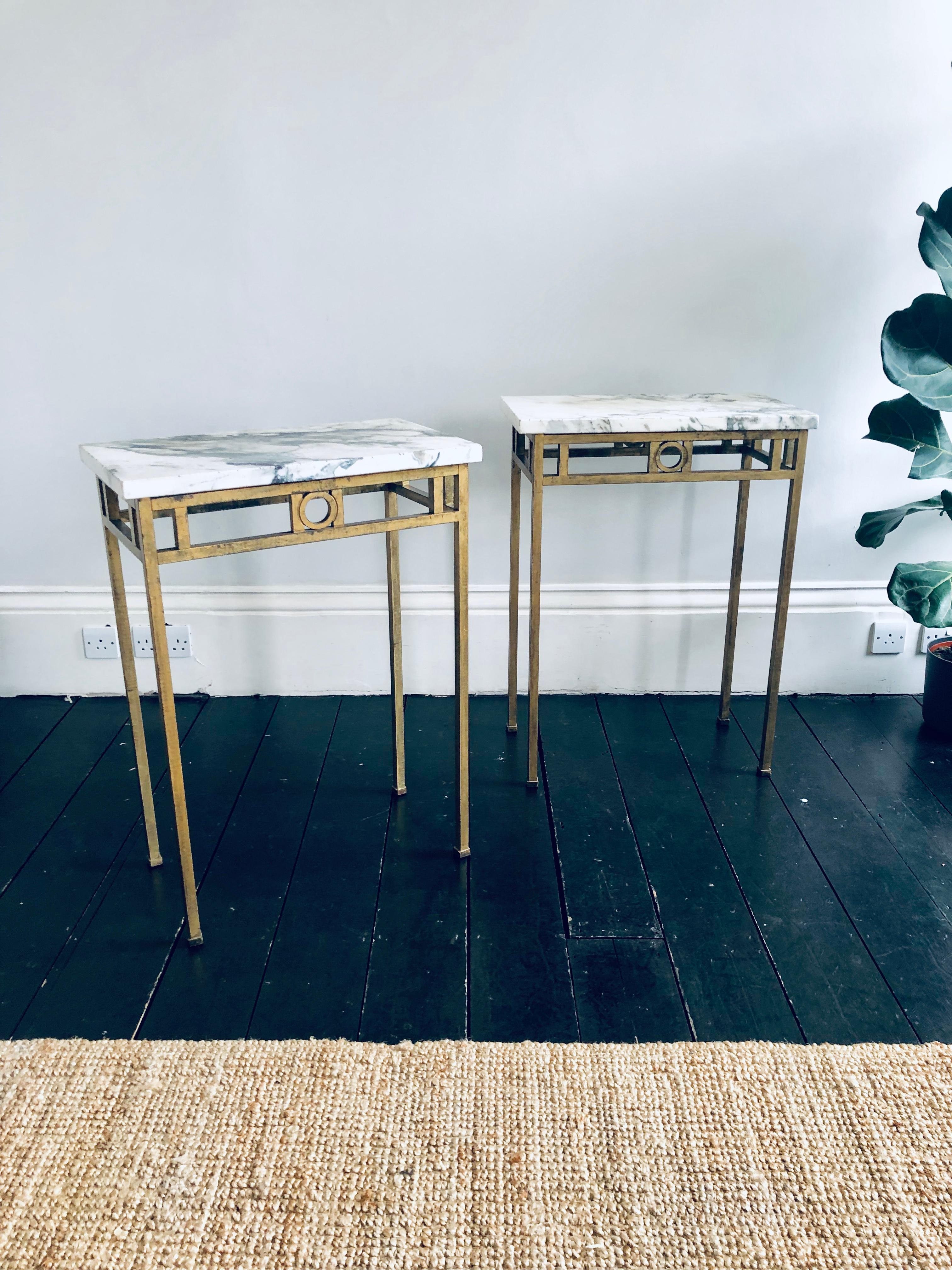 A pair rectangular each with 1.125 “ thick Breche Violette marble top and square section gilt metal structured support.
The marble has all the appearance of antique marble and the bases are similarly antique finished
Nicely aged subtle low-key and